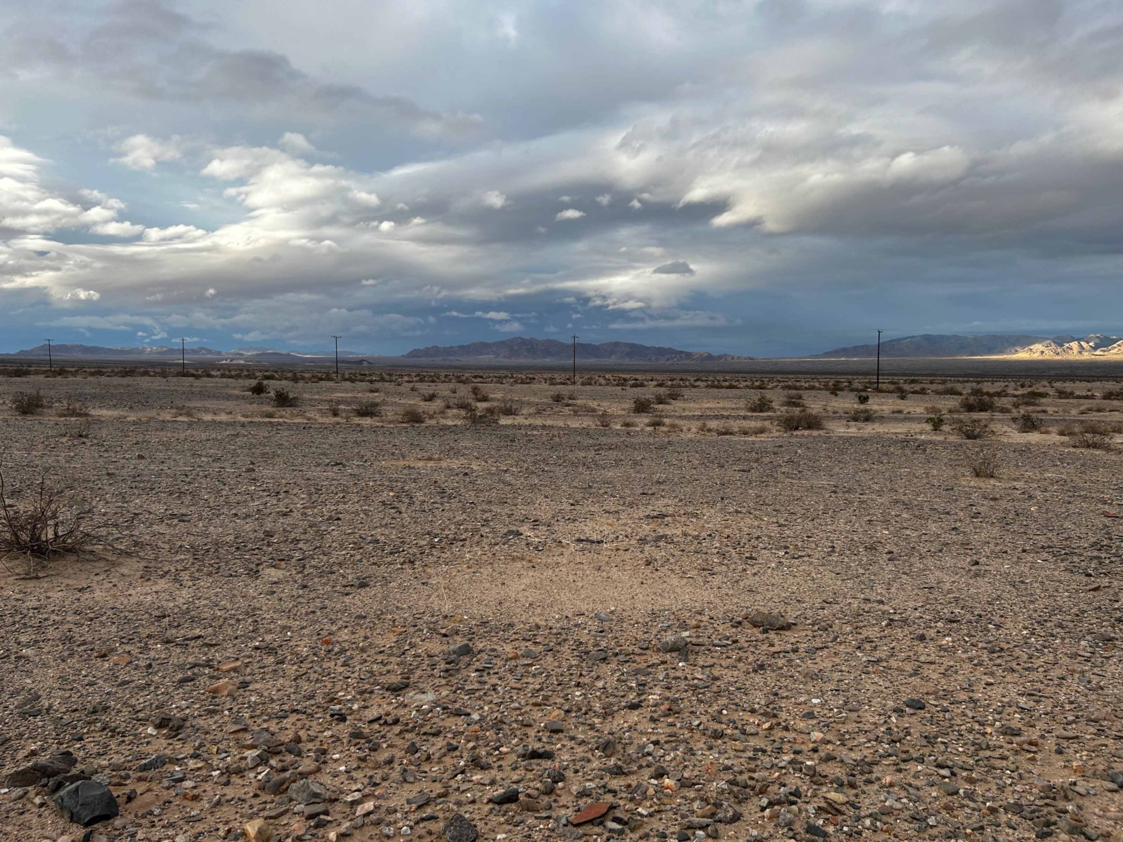 The image shows a vast desert landscape with sparse vegetation, rocky terrain, and distant mountains under a cloudy sky.