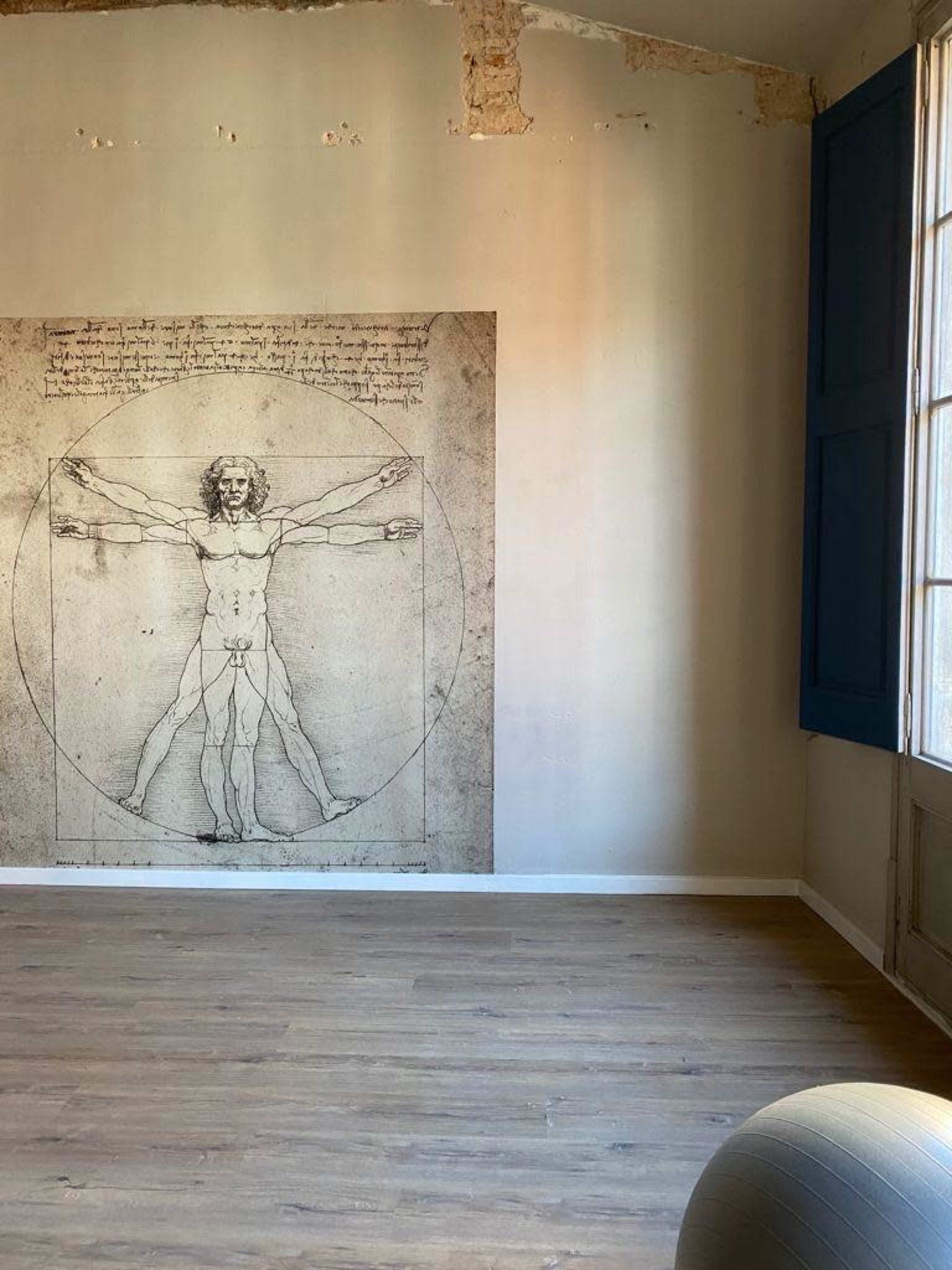 The image shows a room with wooden flooring, featuring a large depiction of Leonardo da Vinci's Vitruvian Man on the wall and a large window with blue shutters.