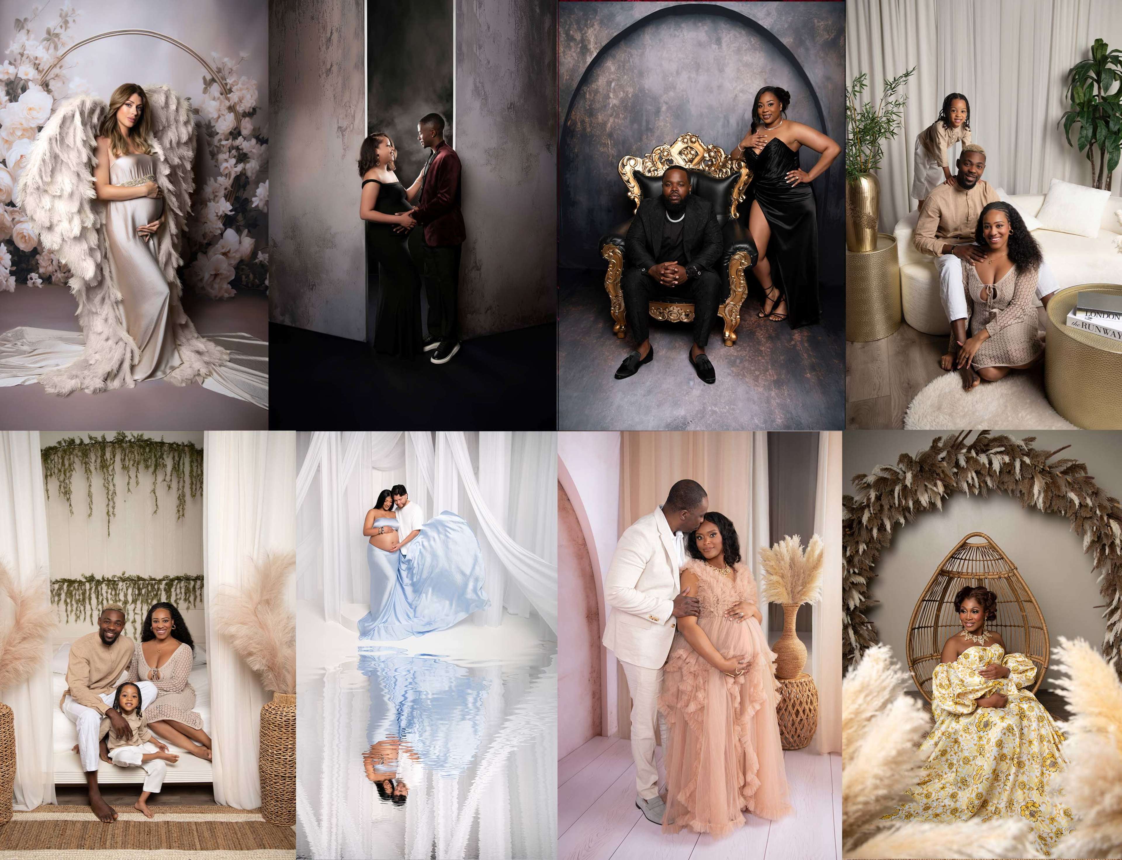 The image showcases a series of elegant family and couple portraits featuring various poses, outfits, and backdrops, emphasizing themes of love and togetherness.