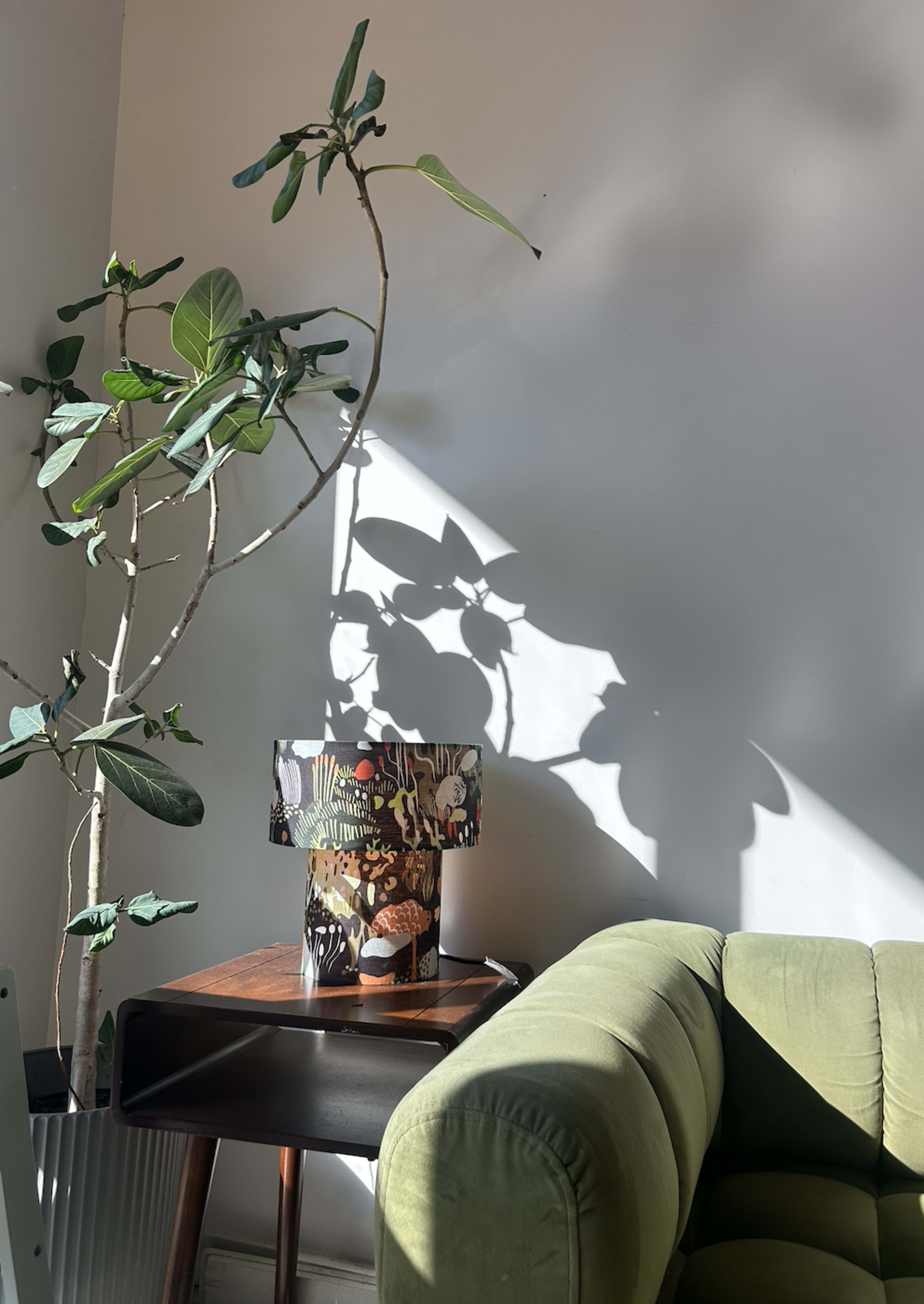 A potted plant casts a shadow on a wall beside a green sofa and a side table with a decorative lamp.
