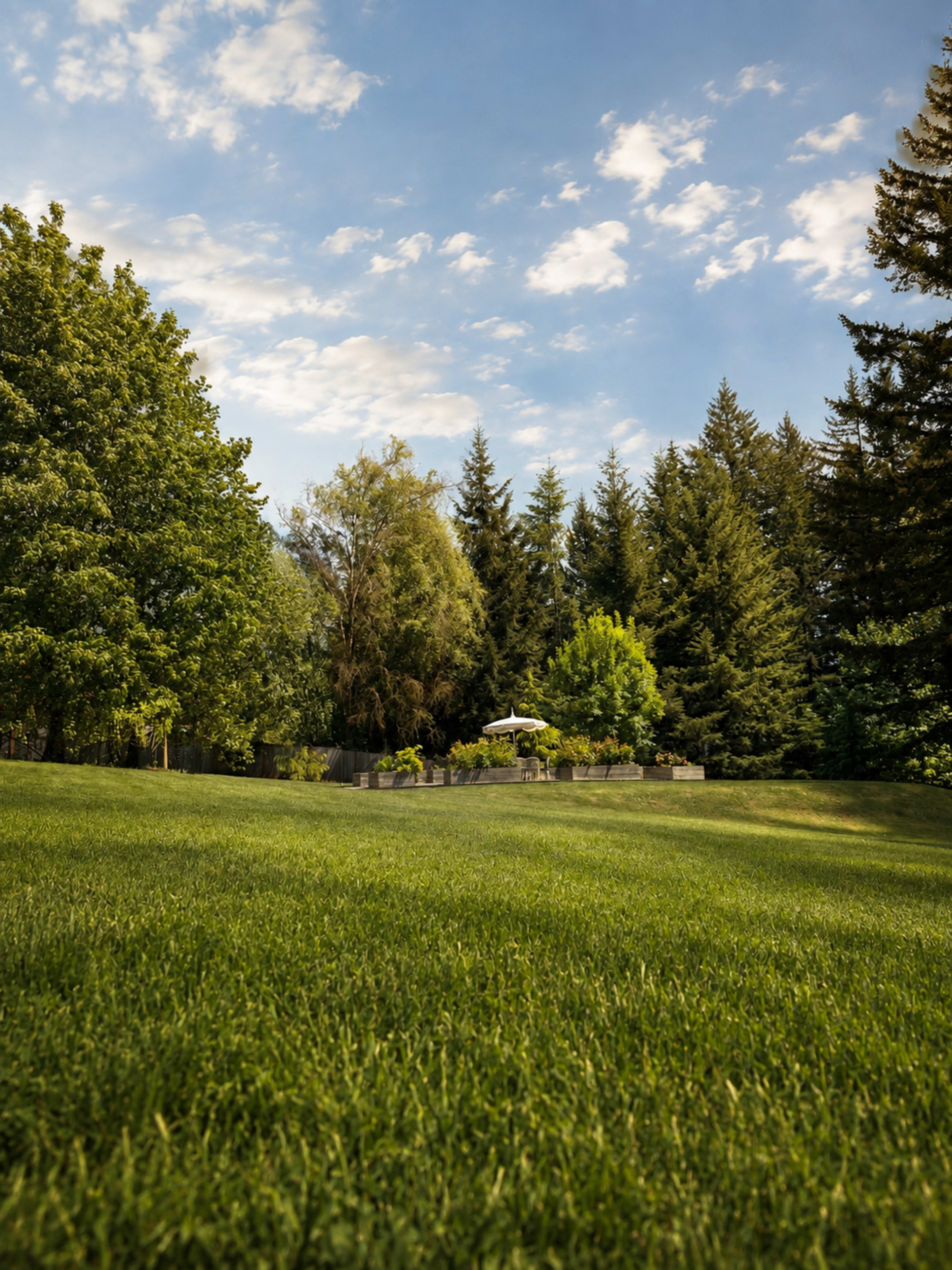A lush green lawn stretches out under a bright sky, bordered by tall trees and featuring a shaded seating area in the background.
