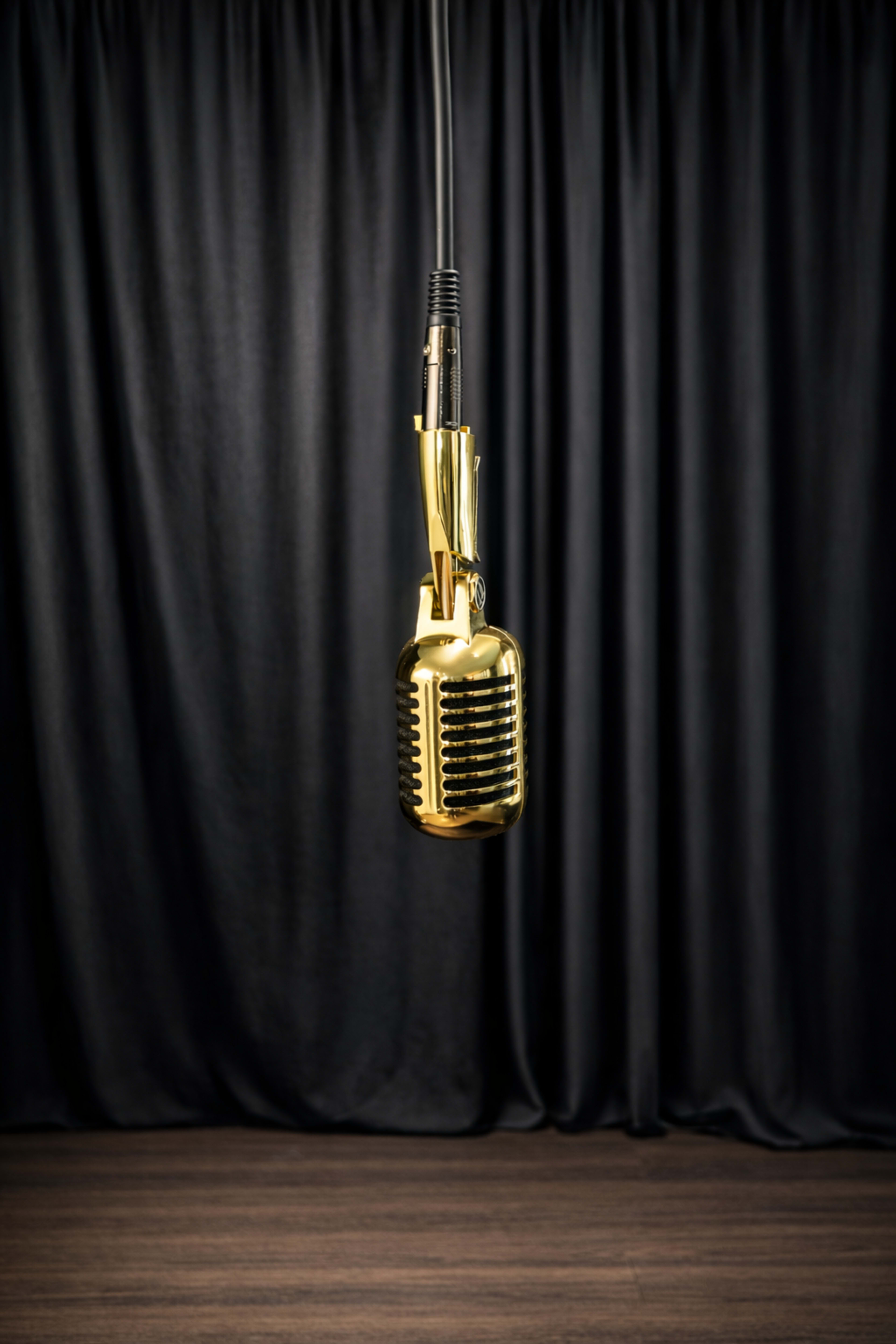 A vintage-style gold microphone hangs against a black curtain backdrop.