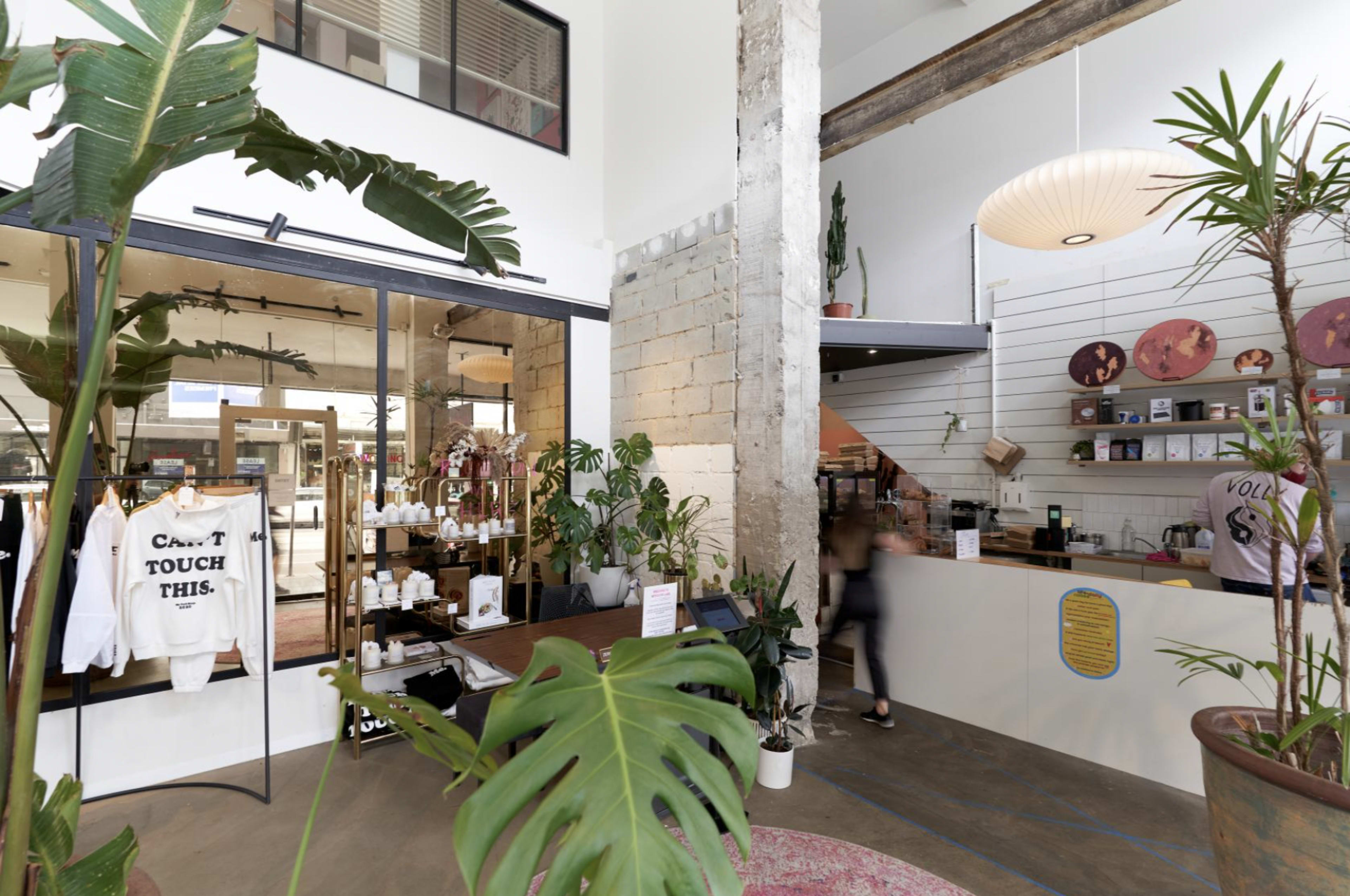 The image shows a modern retail space with clothing displays, a reception counter, and various indoor plants.