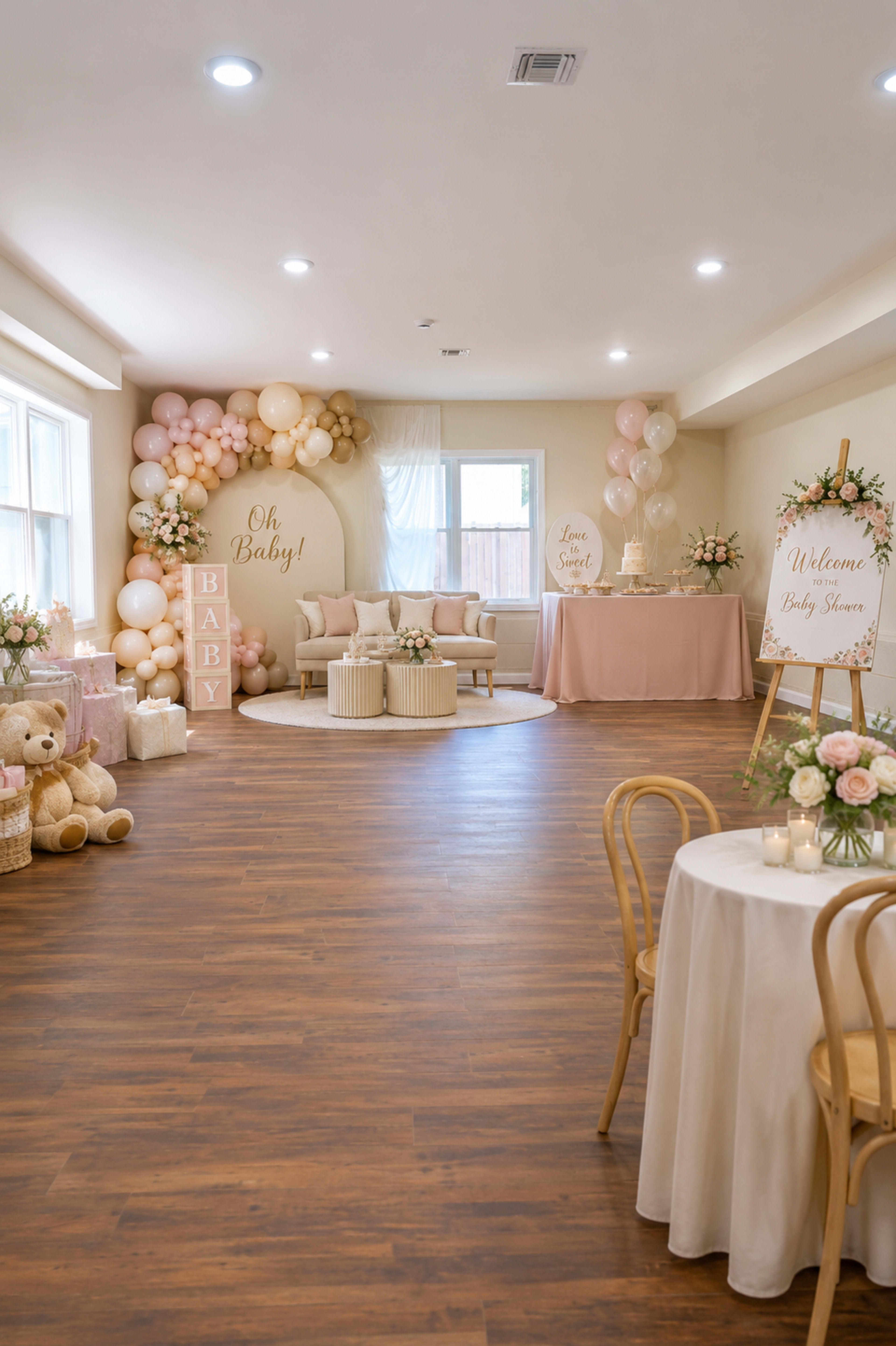 The image depicts an event space decorated for a baby shower, featuring a seating area with a balloon backdrop, tables with floral arrangements, and welcome signs.