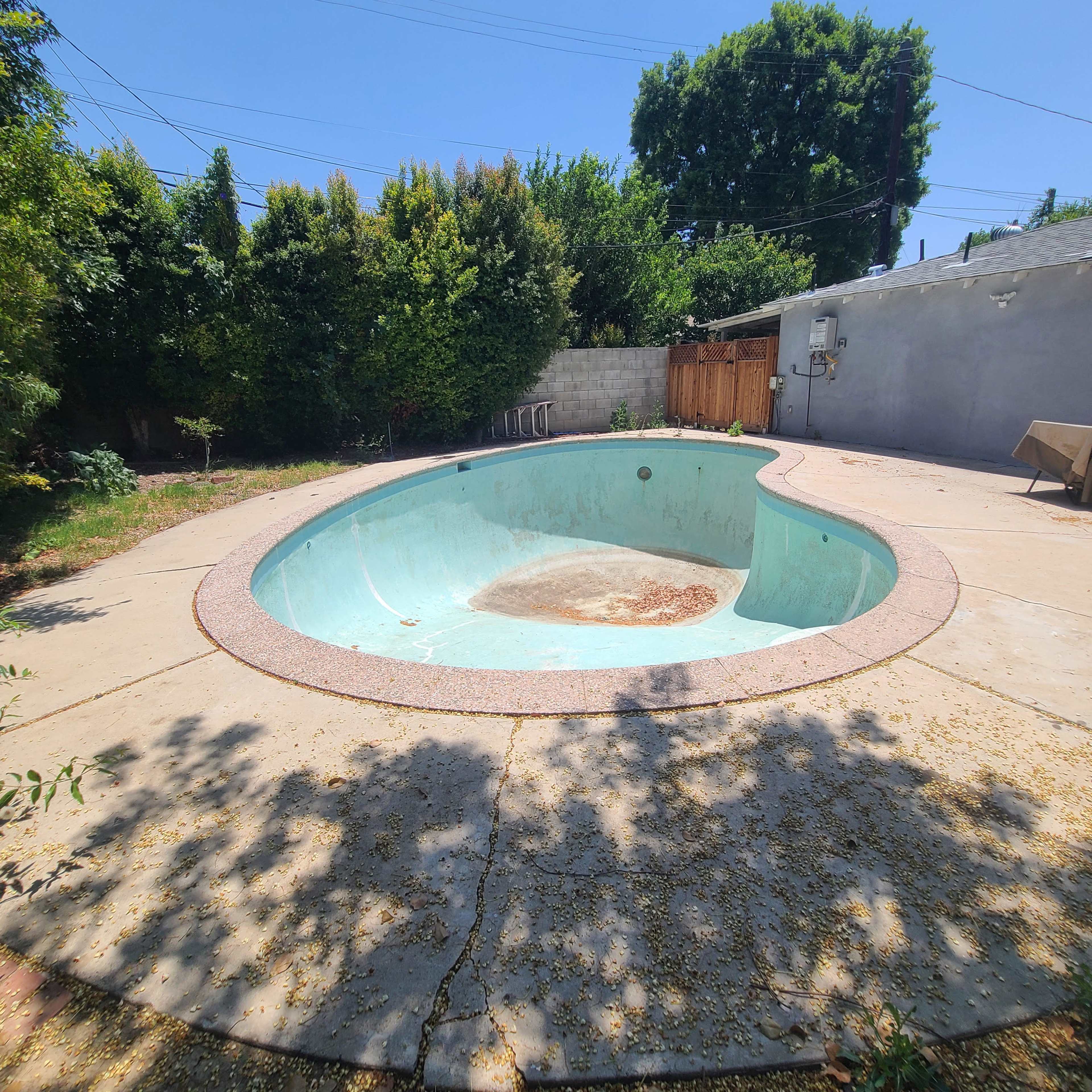 The image shows an empty, oval-shaped swimming pool in a backyard surrounded by trees and a concrete patio.