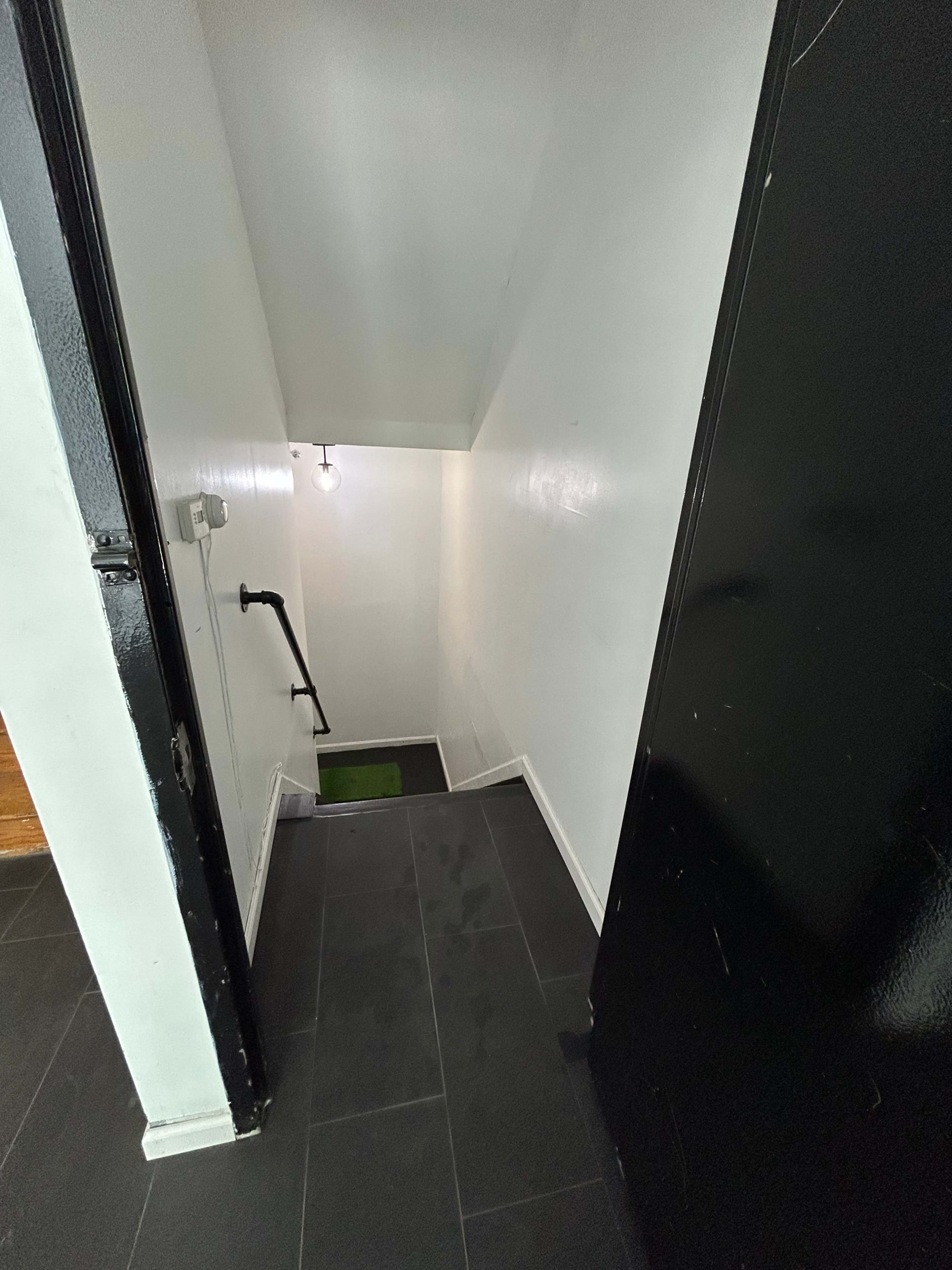 A narrow stairwell with white walls and a black door leads down to a dimly lit lower level.