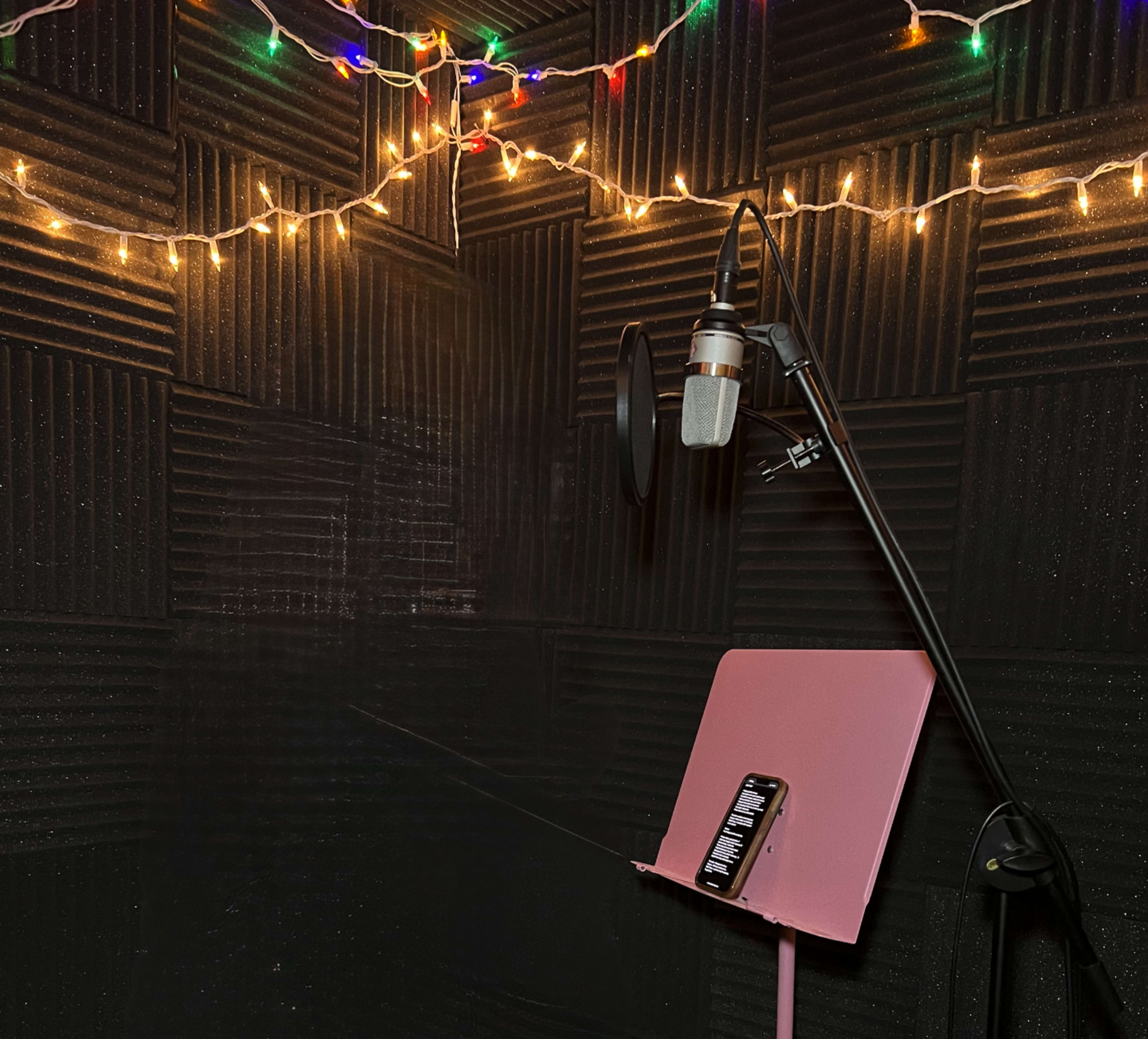 The image shows a recording studio space with soundproof foam panels on the walls, a microphone on a stand, and a music stand with sheet music, illuminated by colorful string lights.