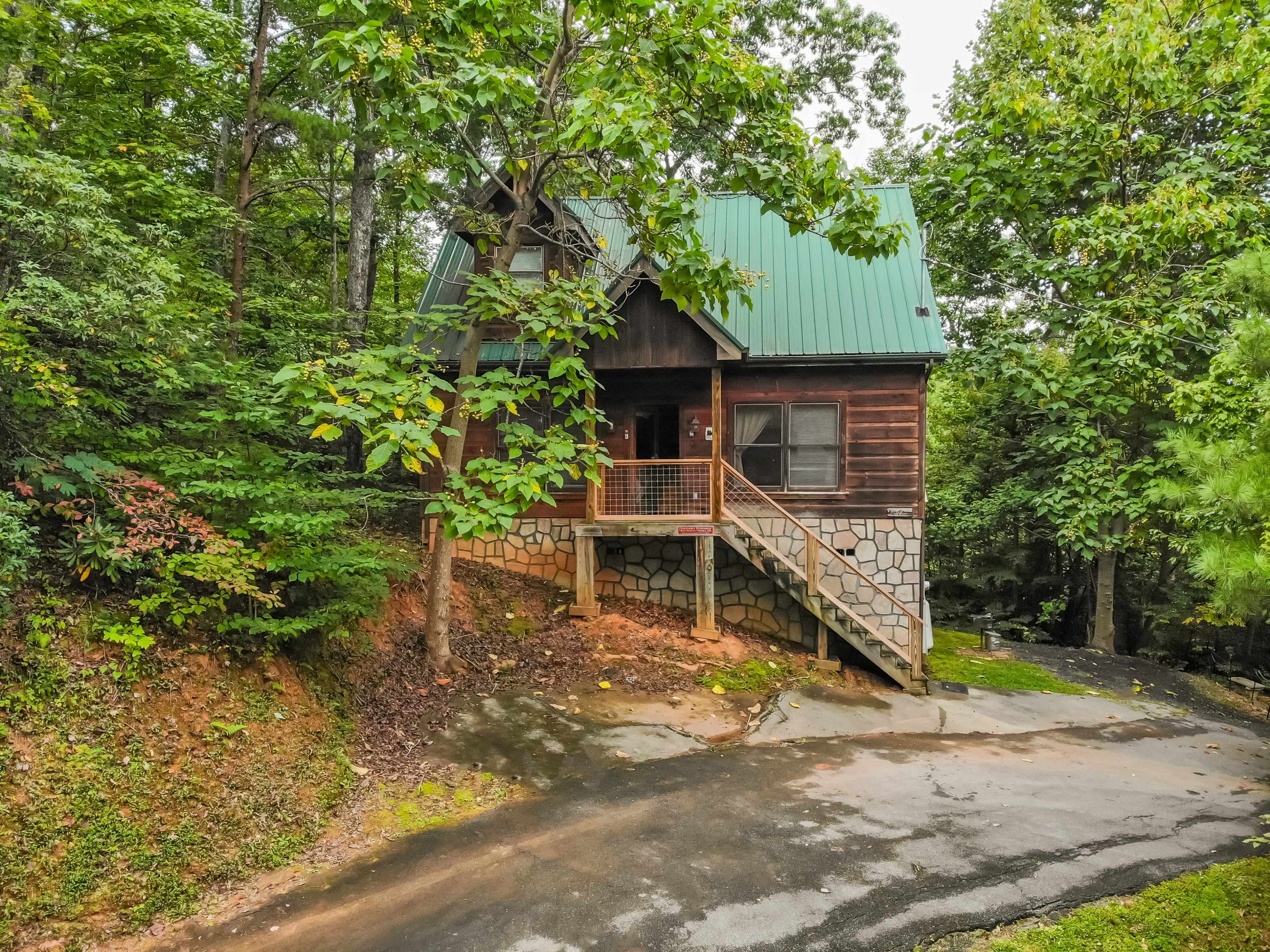 A wooden cabin with a green metal roof and stone foundation is surrounded by trees and sits at the end of a winding driveway.