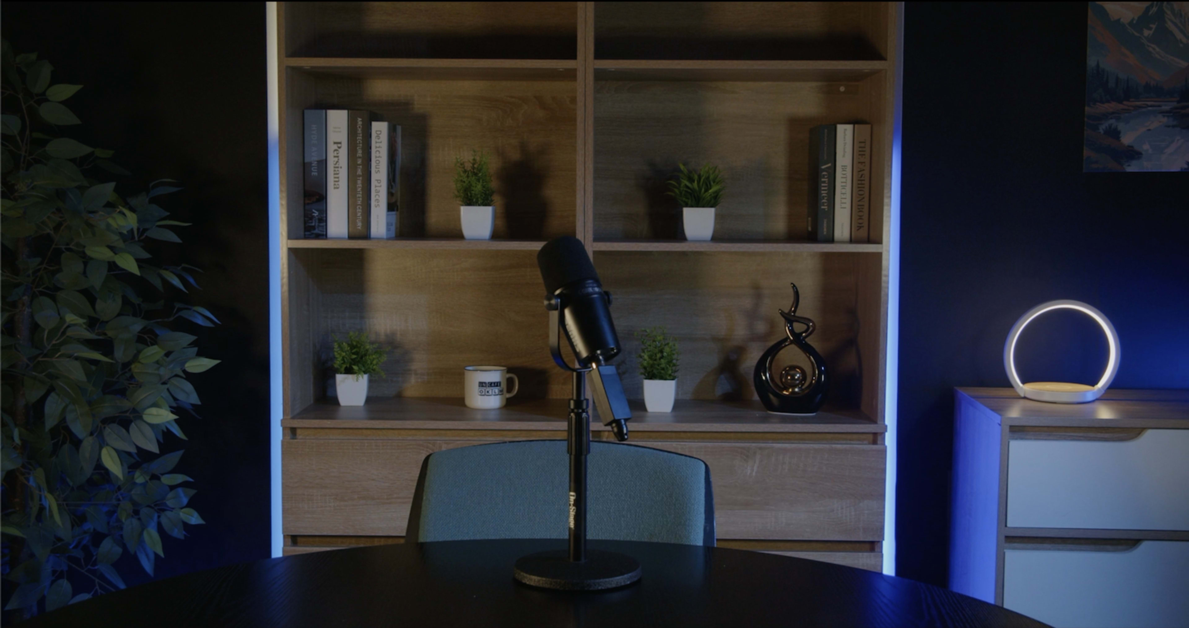 The image shows a microphone on a stand placed on a round table in front of a wooden shelf filled with small potted plants and books.