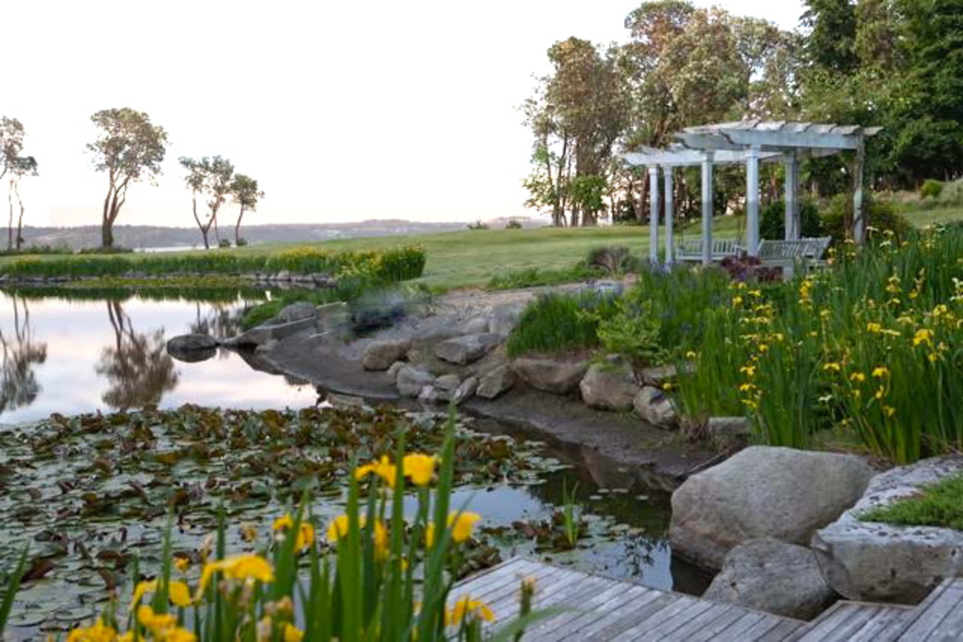 A tranquil lakeside scene features a wooden deck, vibrant yellow flowers, and a pergola near the water, surrounded by greenery and rocky shoreline.