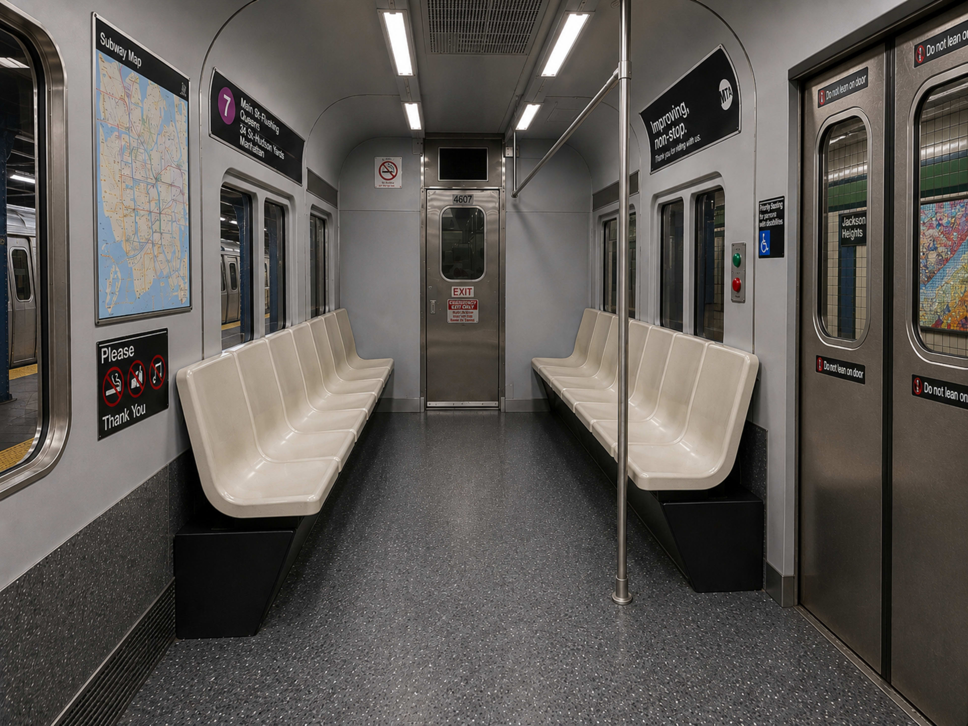 The image shows the interior of a subway train, featuring empty plastic benches, metal poles, and signage on the walls.