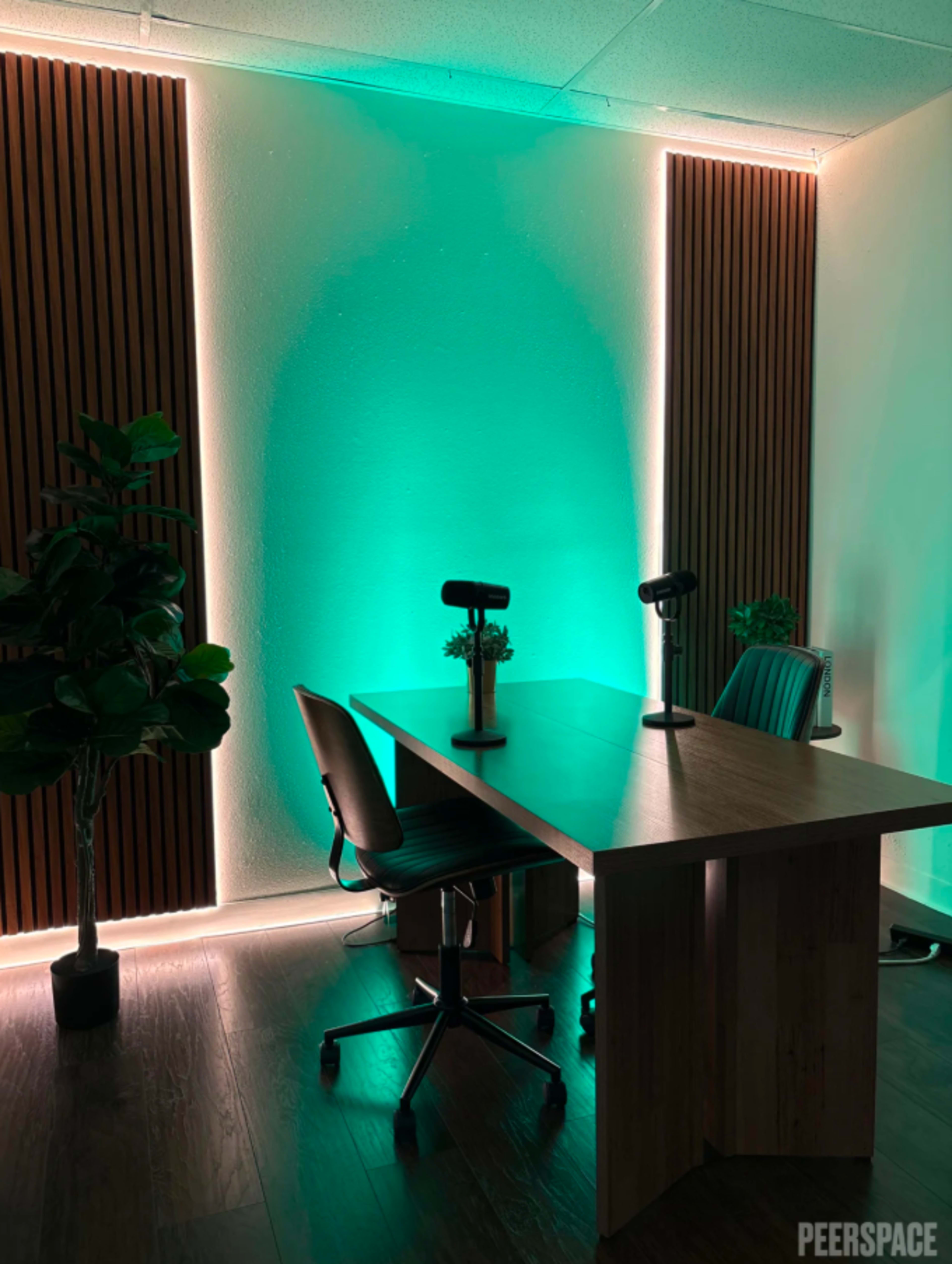 A modern office space features a wooden table with two microphones and plant decor, illuminated by green ambient lighting on the walls.