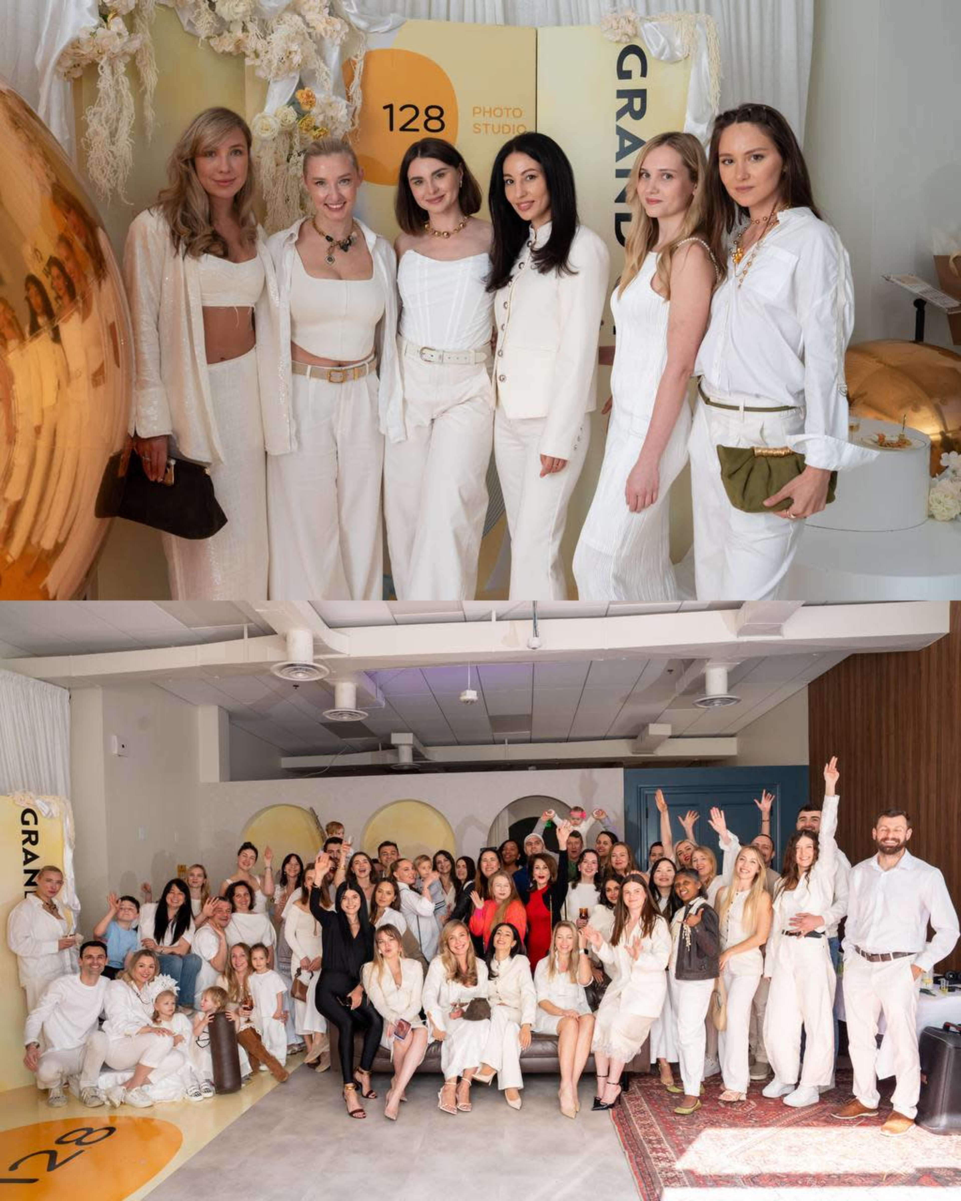 The image shows two groups of people posing in a studio setting, with the top group consisting of six women in white outfits, and the bottom group featuring a larger mixed-gender group celebrating together.
