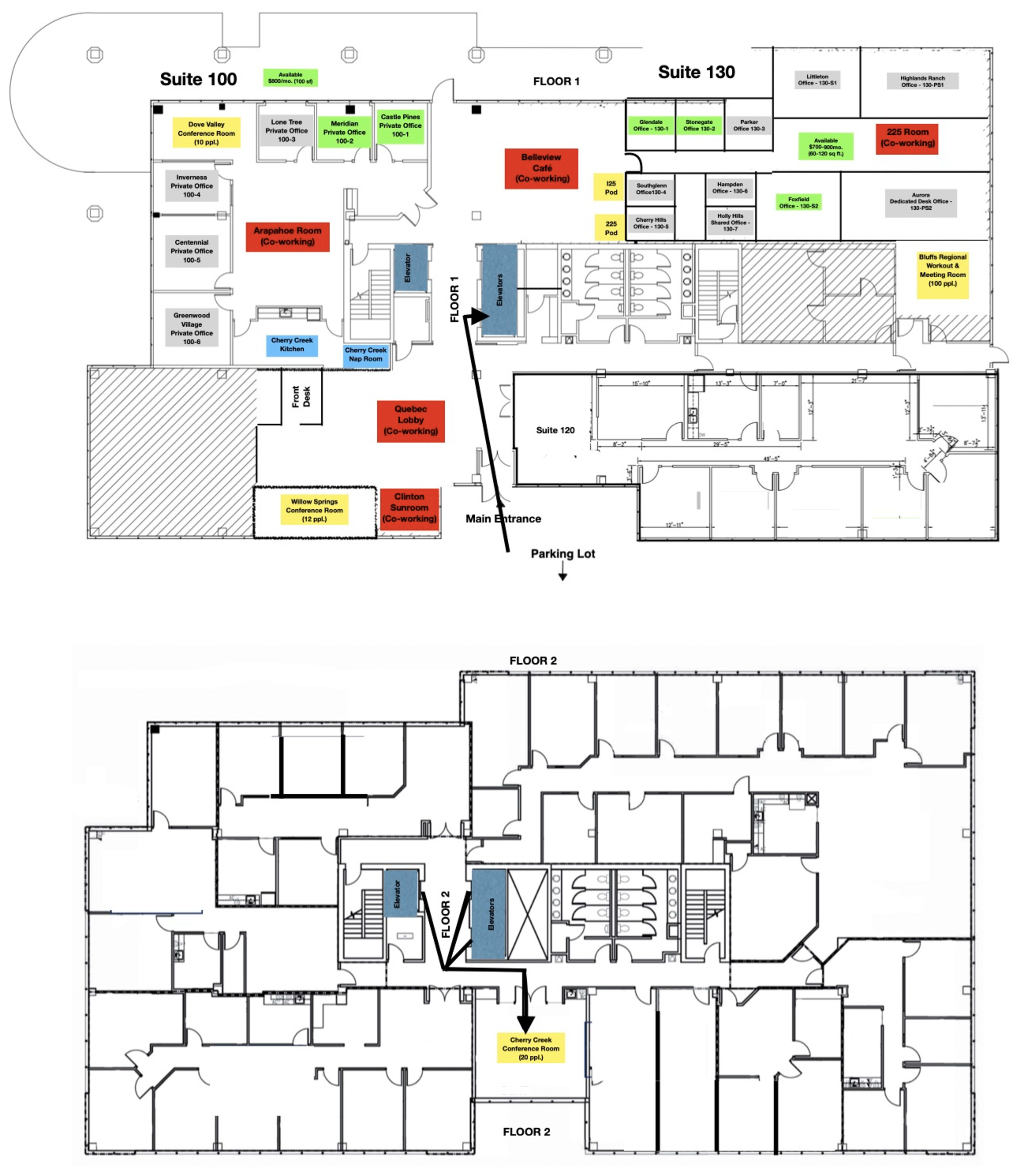 The image displays a floor plan with designated suites, rooms, and a parking lot, labeled with colors indicating different entities or functions.
