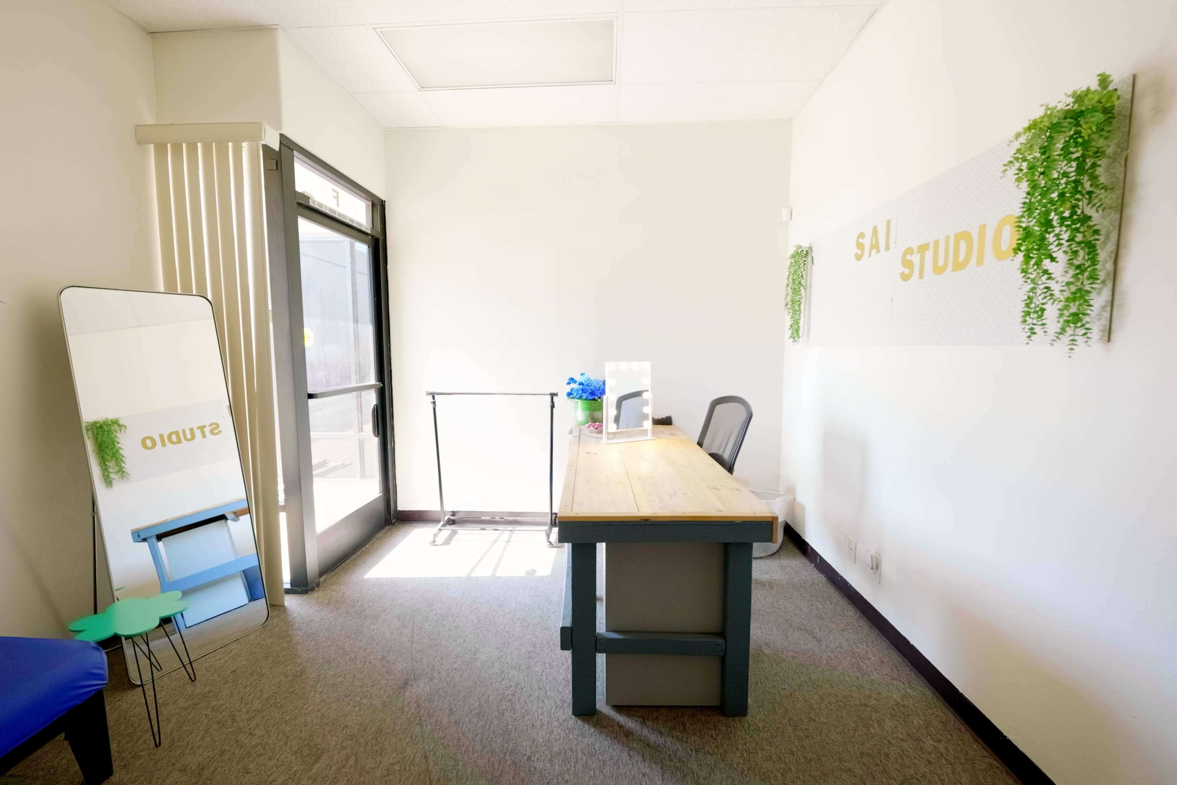 The image shows a bright and minimalistic office space with a wooden desk, a chair, a mirror, and decorative plants on the walls.
