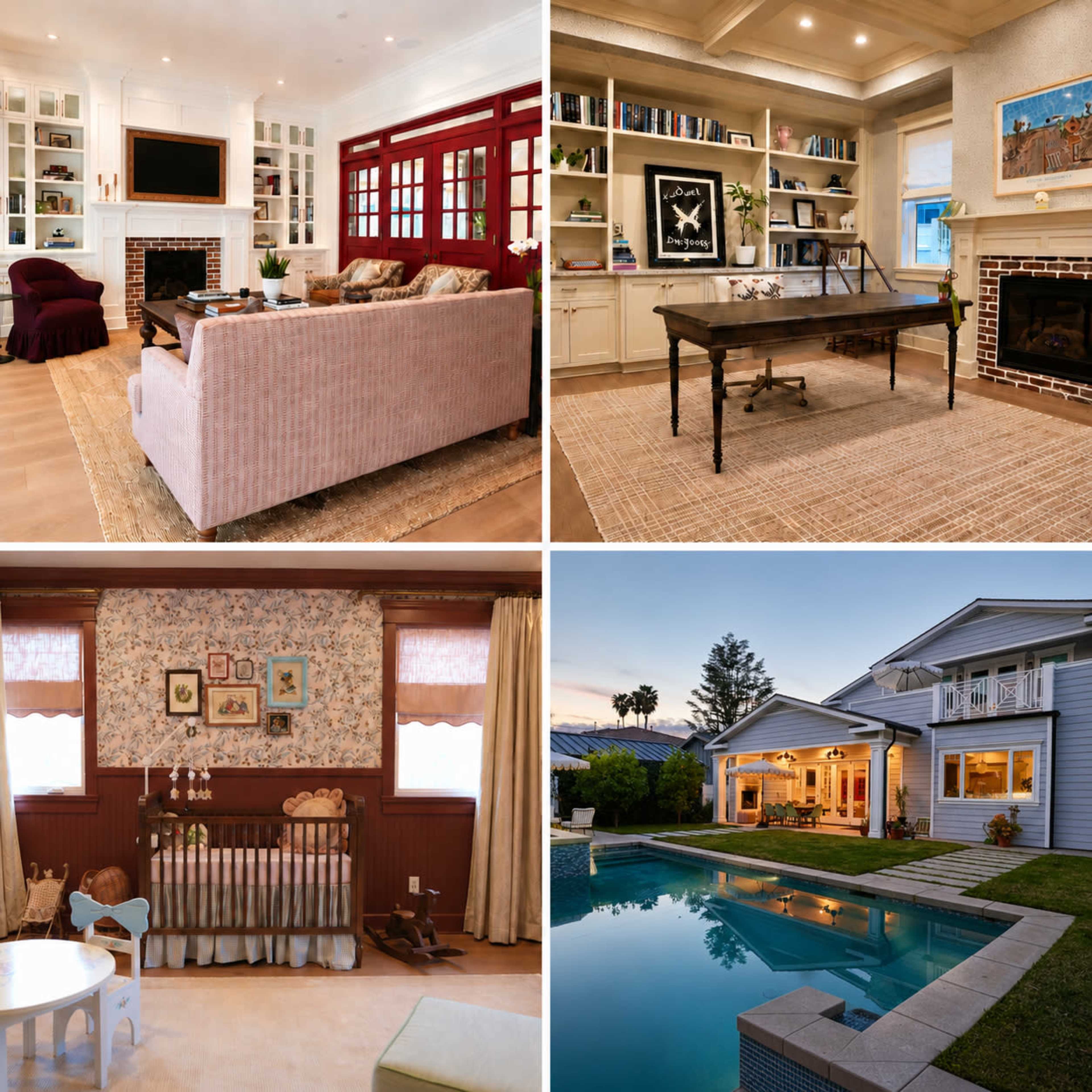 The image shows four distinct interior and exterior scenes of a home, including a living room, an office space, a nursery, and a backyard with a pool.