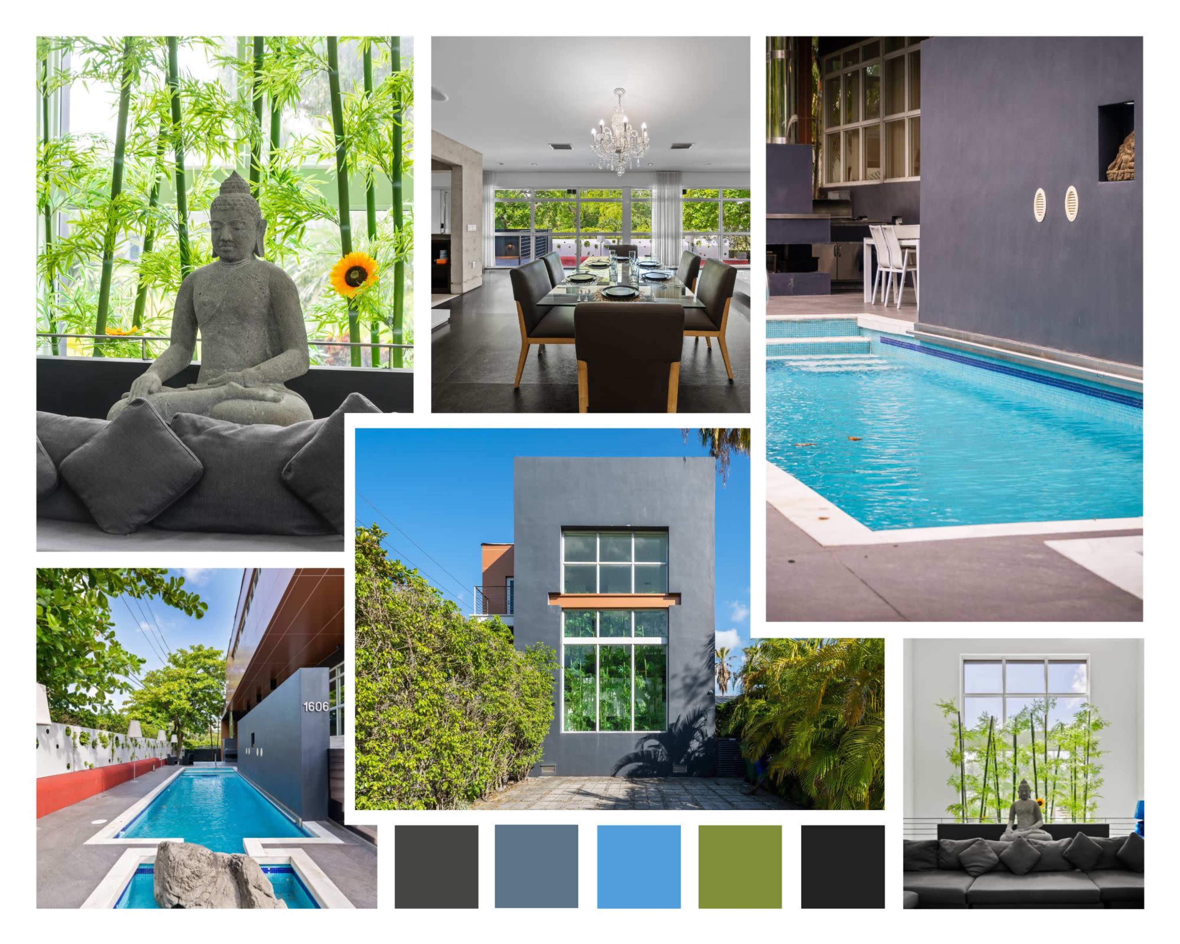 A modern design space with a large swimming pool, a statue of a Buddha, and various interior and exterior views of a contemporary house surrounded by greenery.
