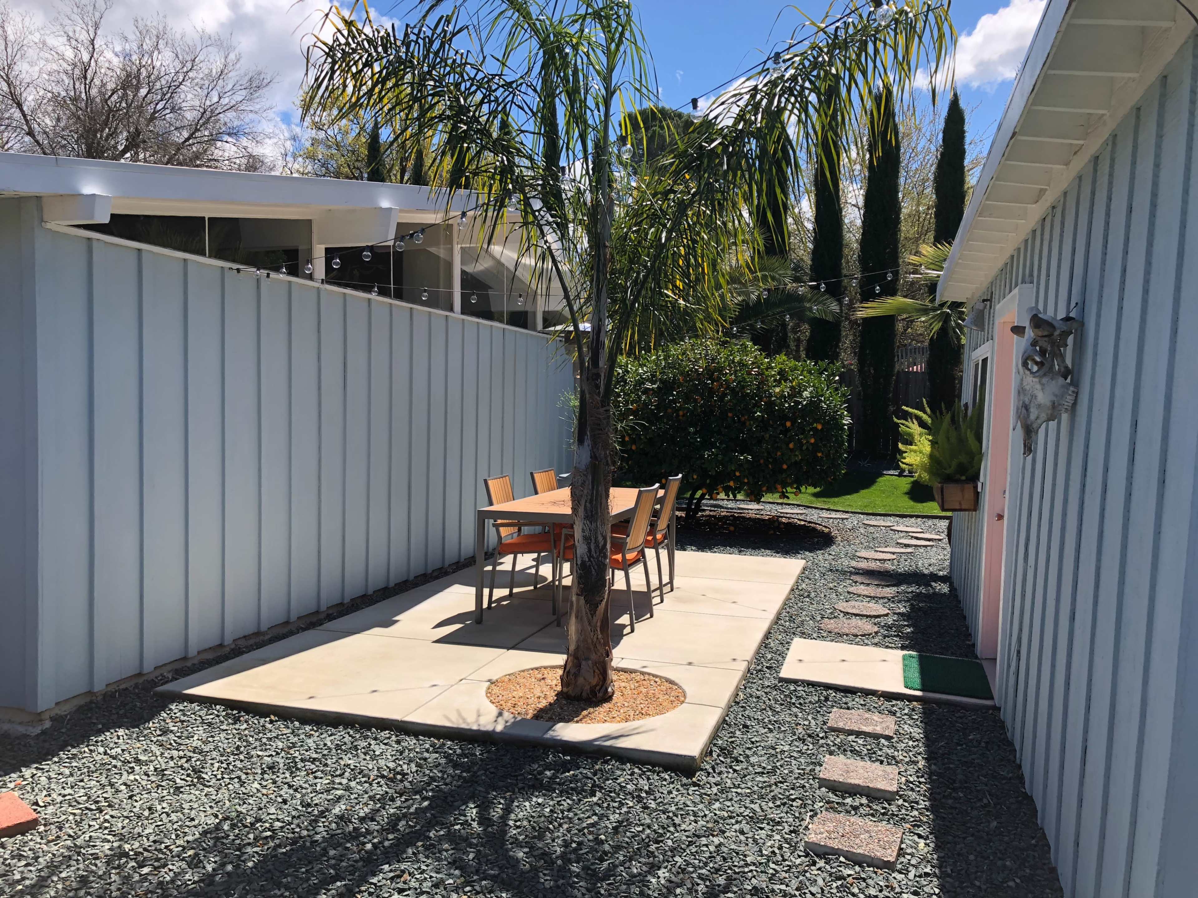 A pathway lined with gravel leads to a dining table surrounded by chairs under a palm tree in a backyard.