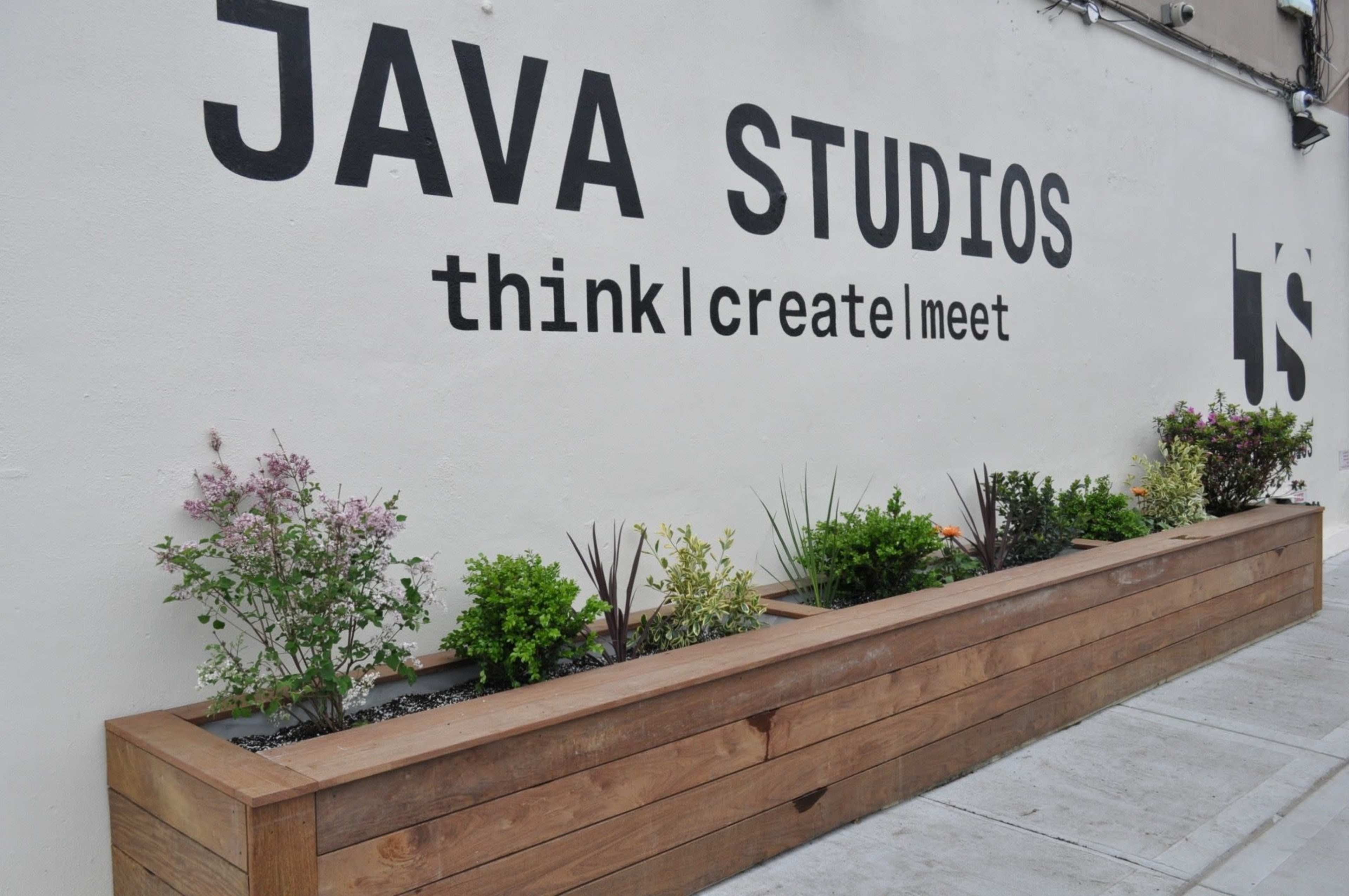 A wooden planter filled with greenery in front of a wall featuring the text "JAVA STUDIOS think | create | meet."