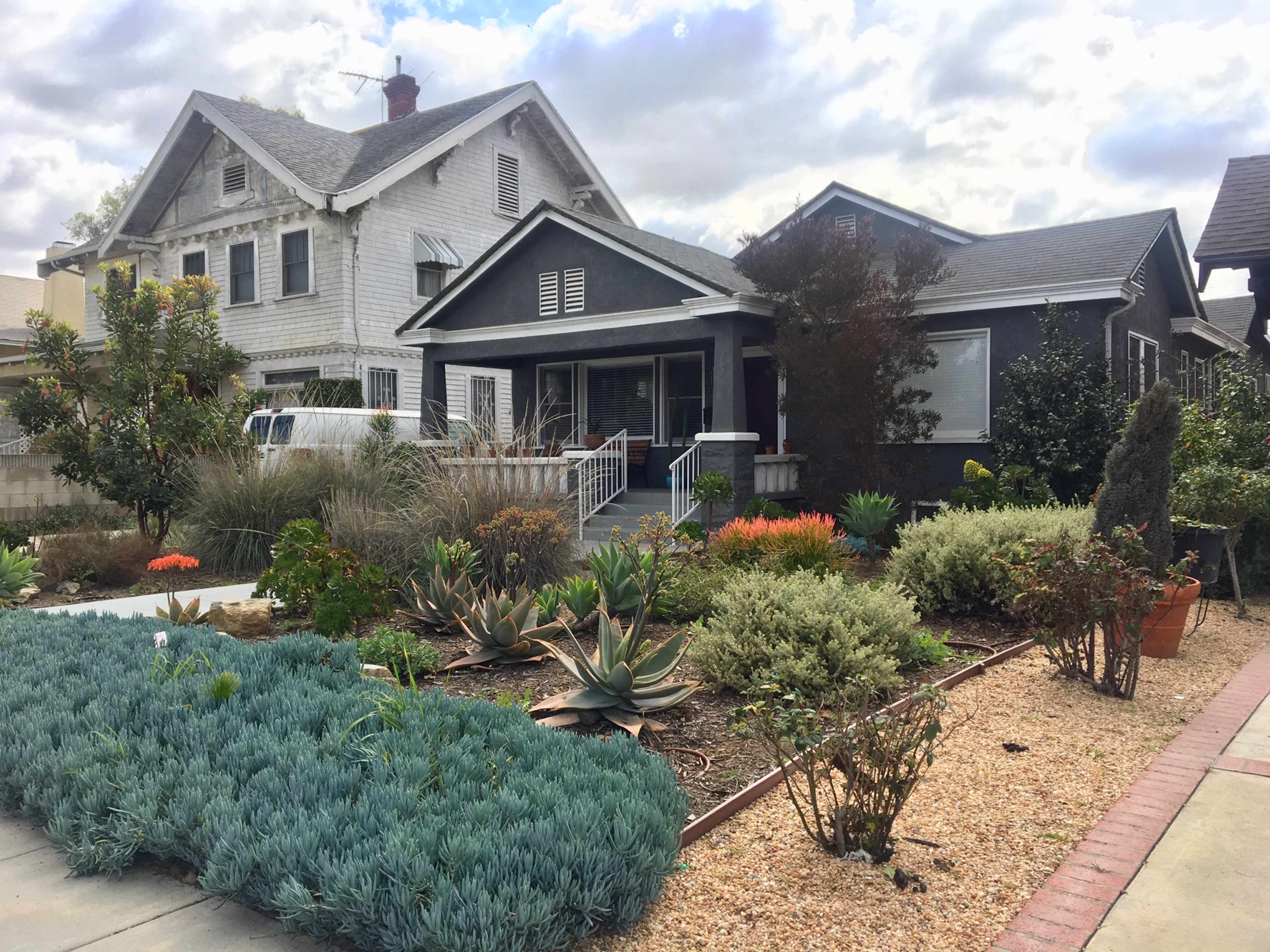 The image shows two houses with distinct architectural styles, surrounded by a landscaped garden featuring various plants and succulents.