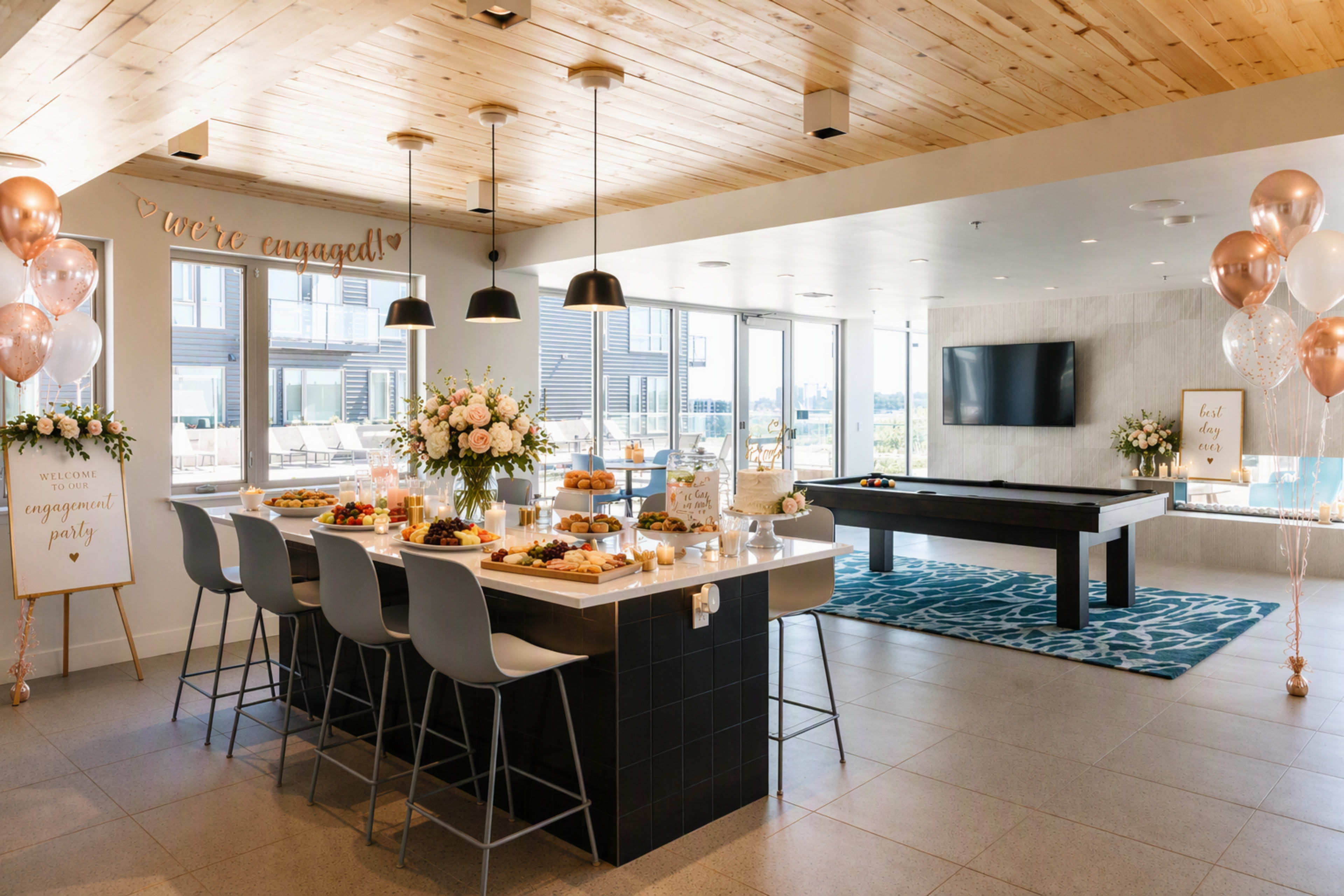 The image depicts a beautifully arranged engagement party setting in a modern room with a long table topped with decorative food and drinks, surrounded by seating and large windows letting in natural light.