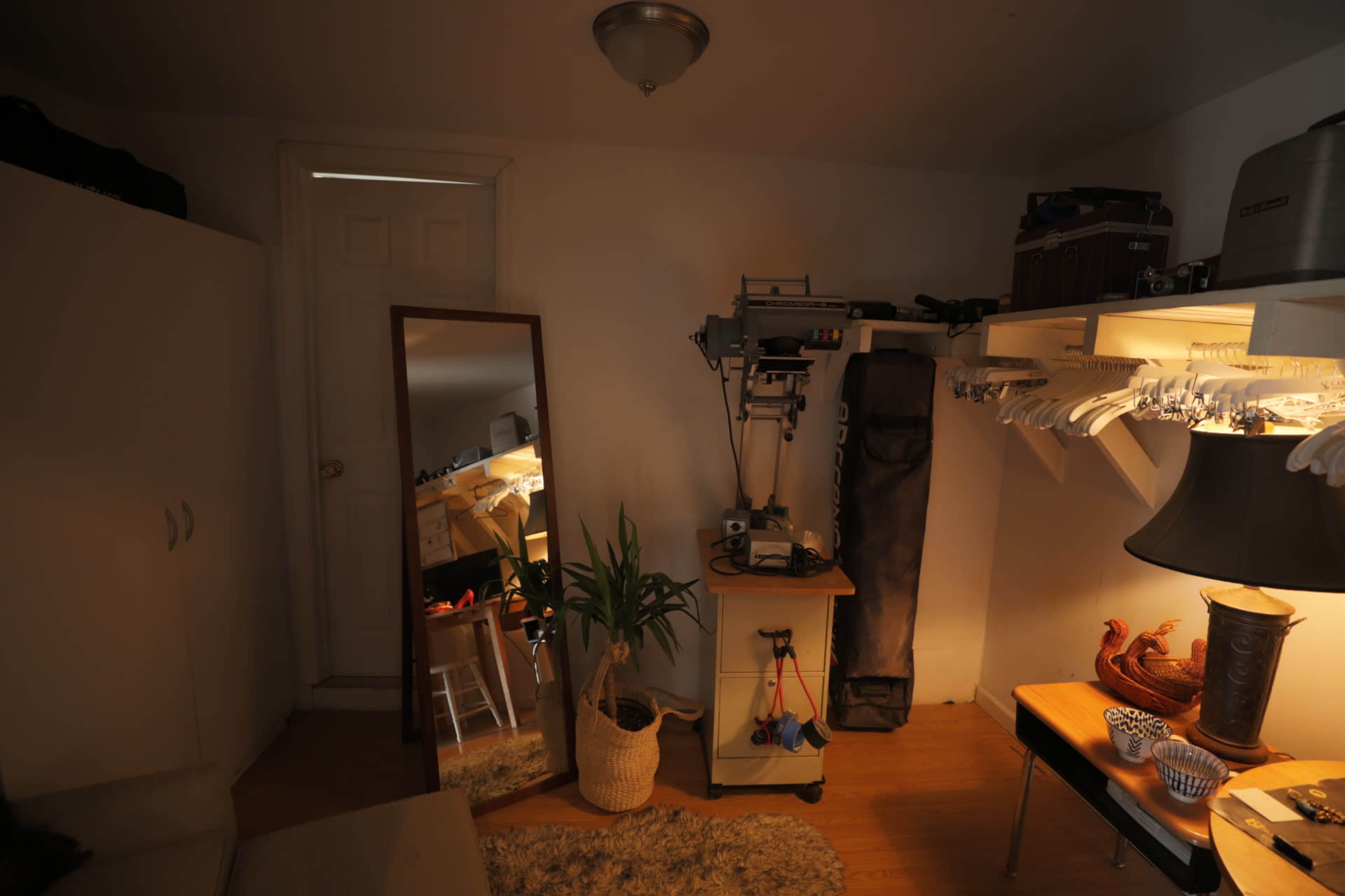 A small room with a mirror, a plant, and various storage items, illuminated by soft light from a nearby door.