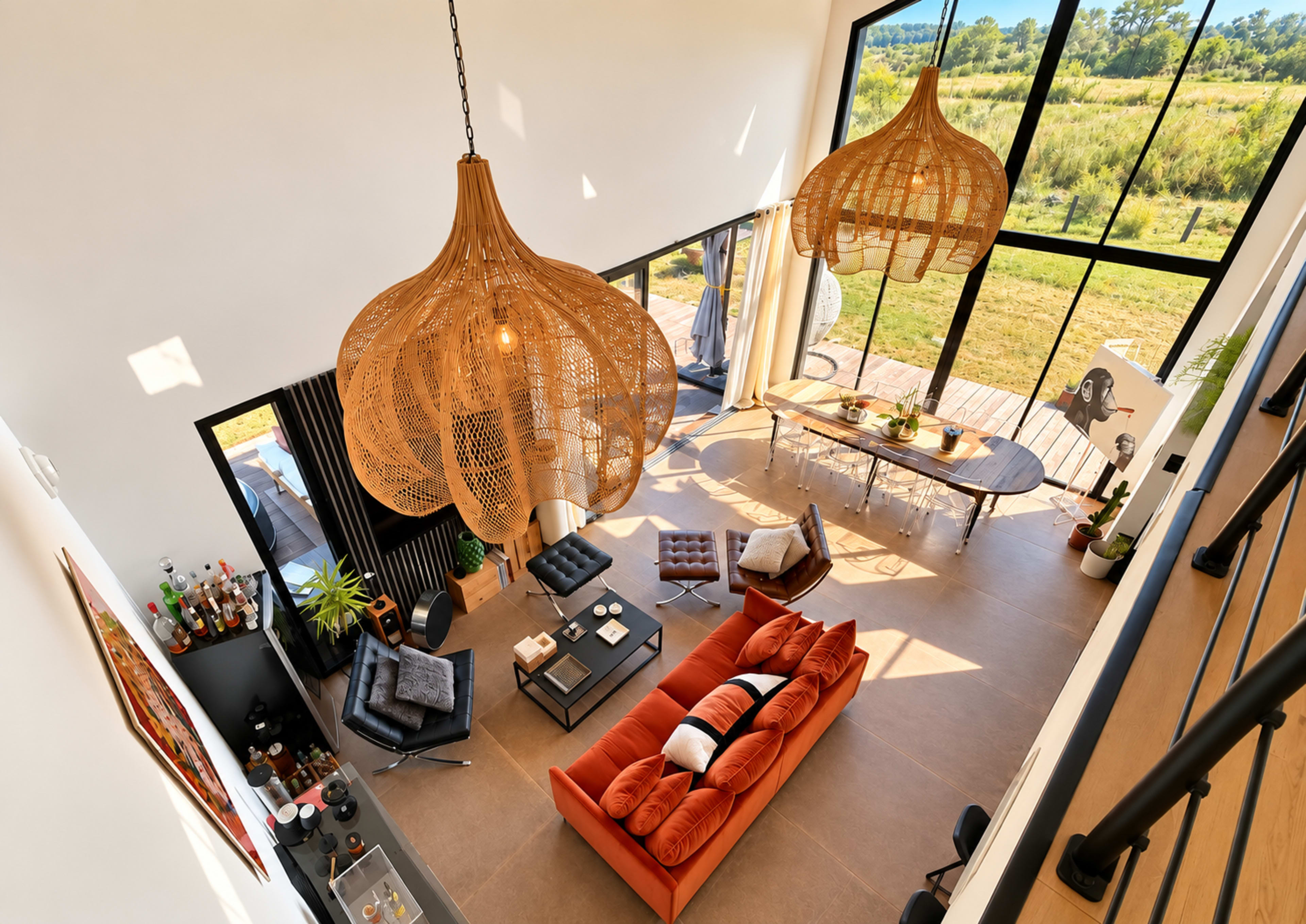 A spacious modern living room features large windows, a striking orange sofa, elegant light fixtures, and a dining area that opens to a scenic view.