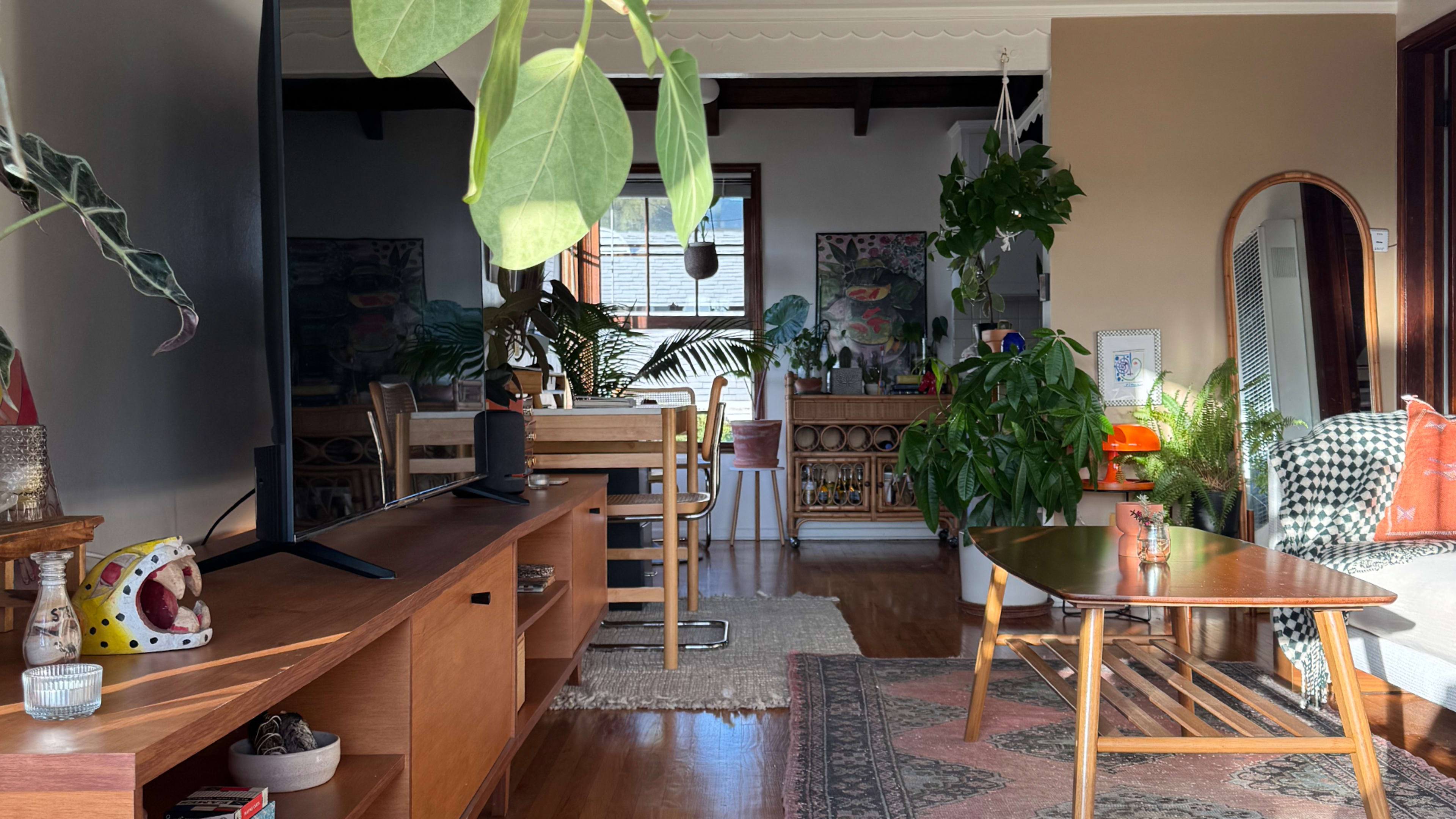The image shows a living room with wooden furniture, large plants, a television, and a dining area visible in the background.