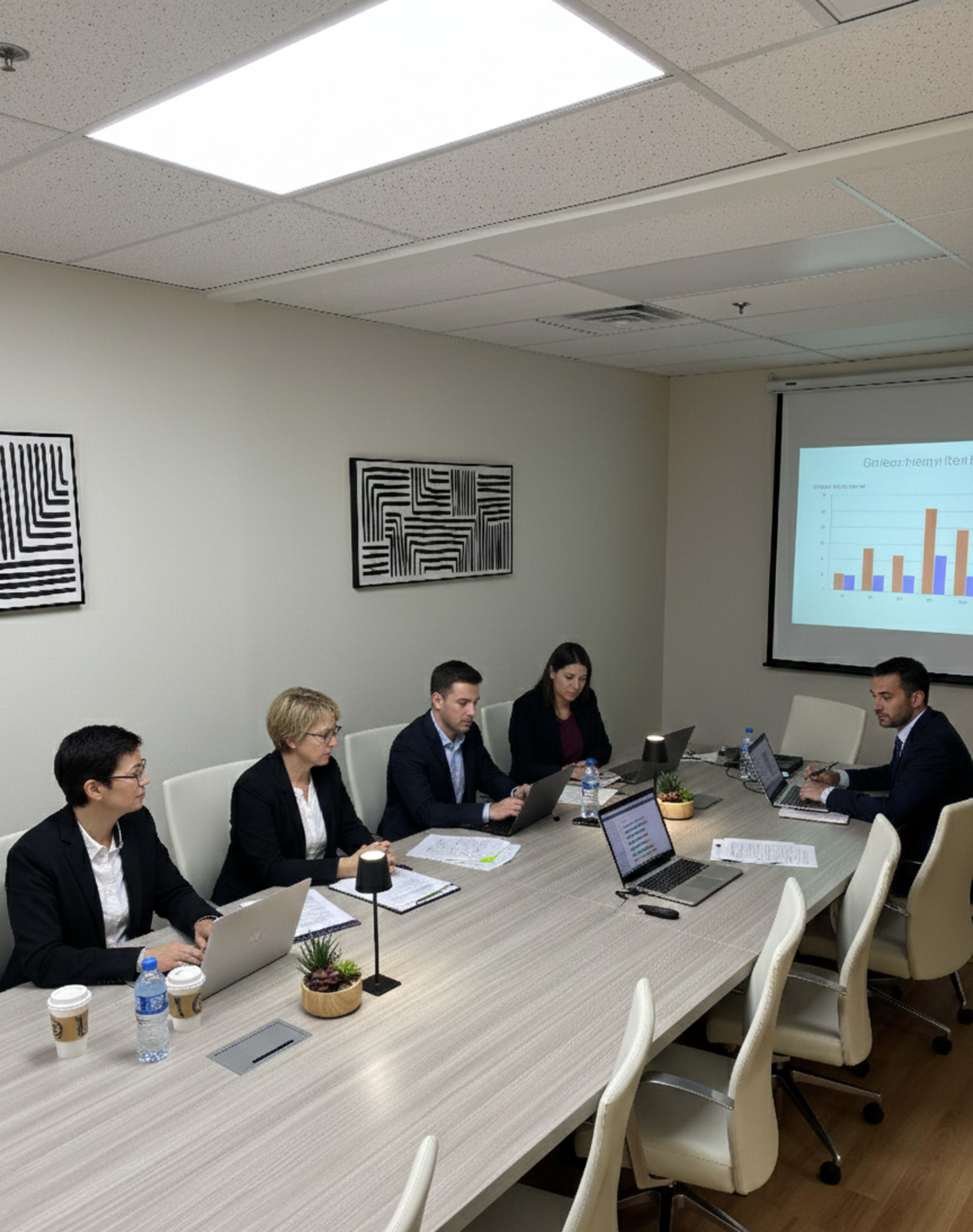 A group of five professionals are seated around a conference table, working on laptops and discussing a presentation displayed on a screen.