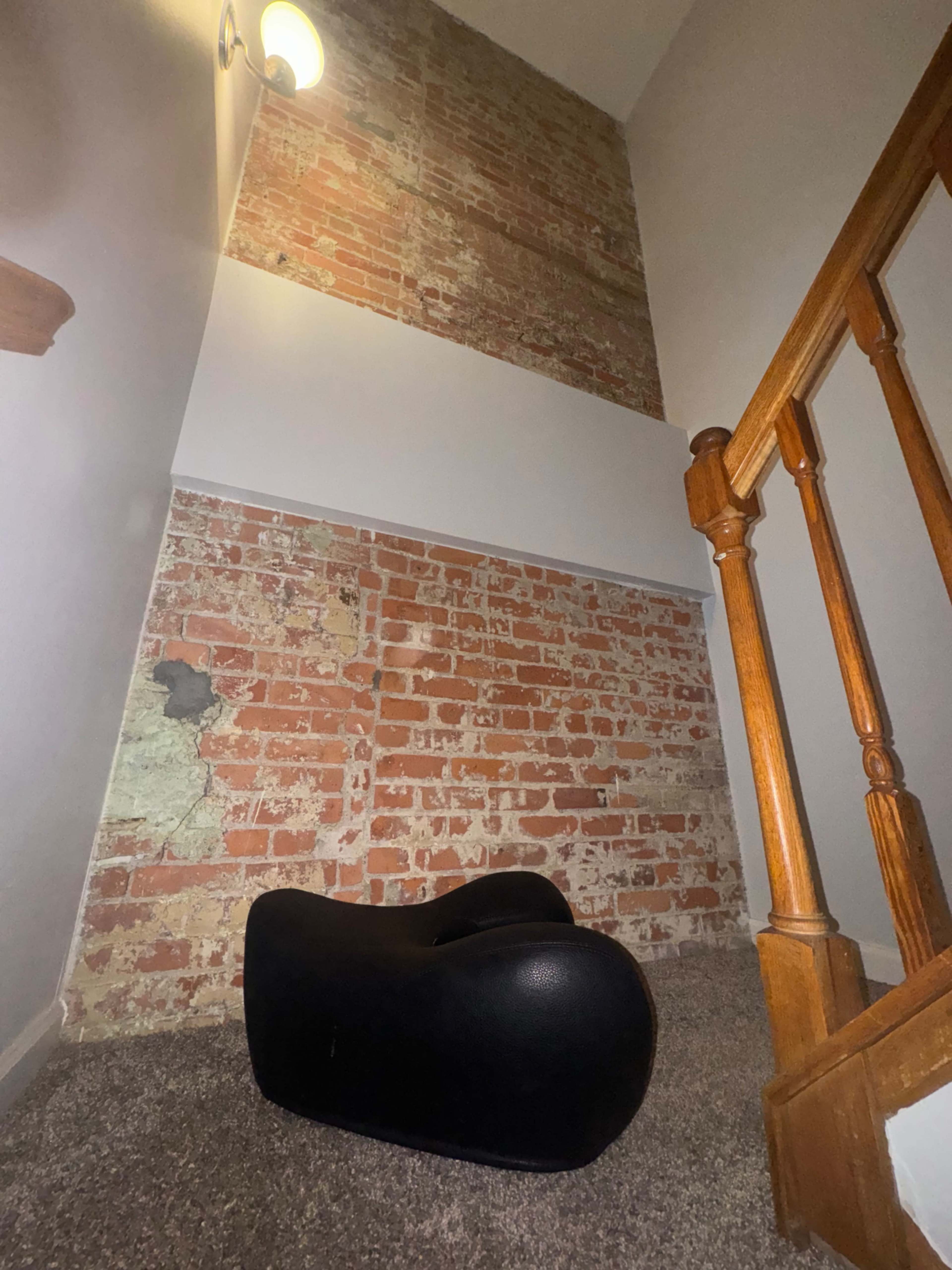 The image shows a staircase with a wooden railing, leading to a wall with exposed brick and a black, curved object resting on a carpeted floor.