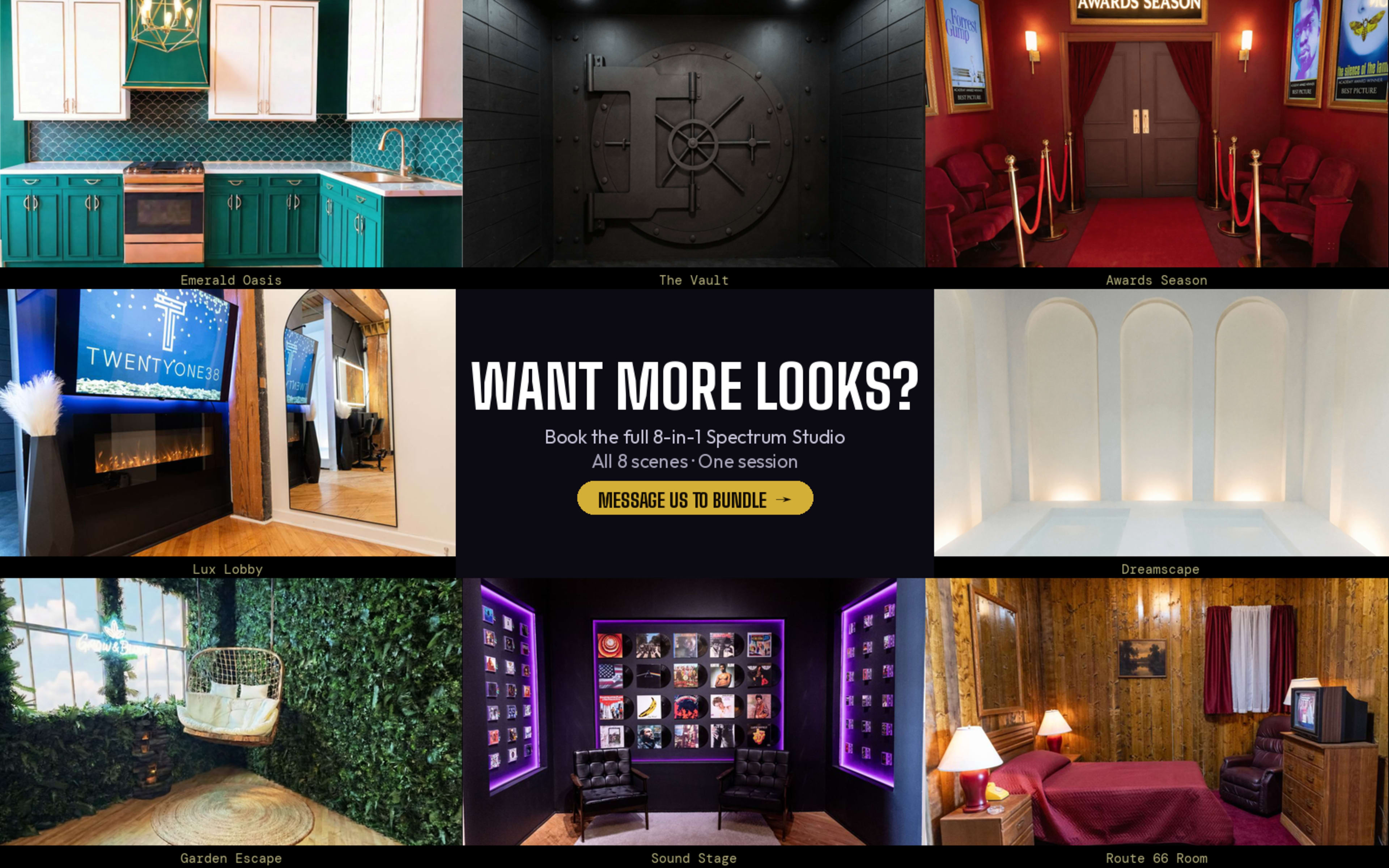The image displays a grid of eight distinct themed rooms, each showcasing unique designs and decor, along with a central message inviting viewers to book a photo session.