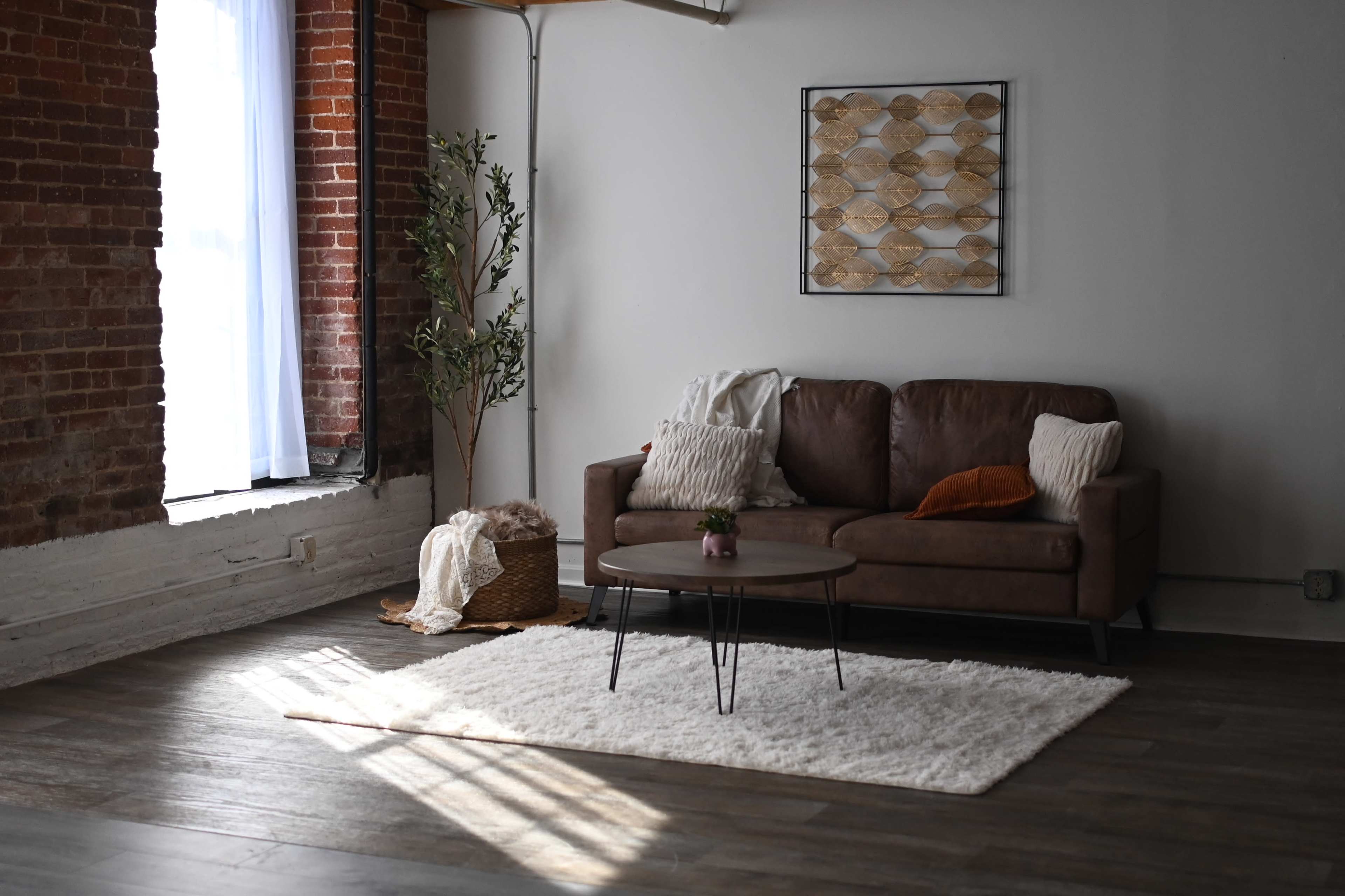 The scene depicts a living room with a brown leather sofa, a round coffee table, and a light-colored rug, illuminated by sunlight streaming through a nearby window.