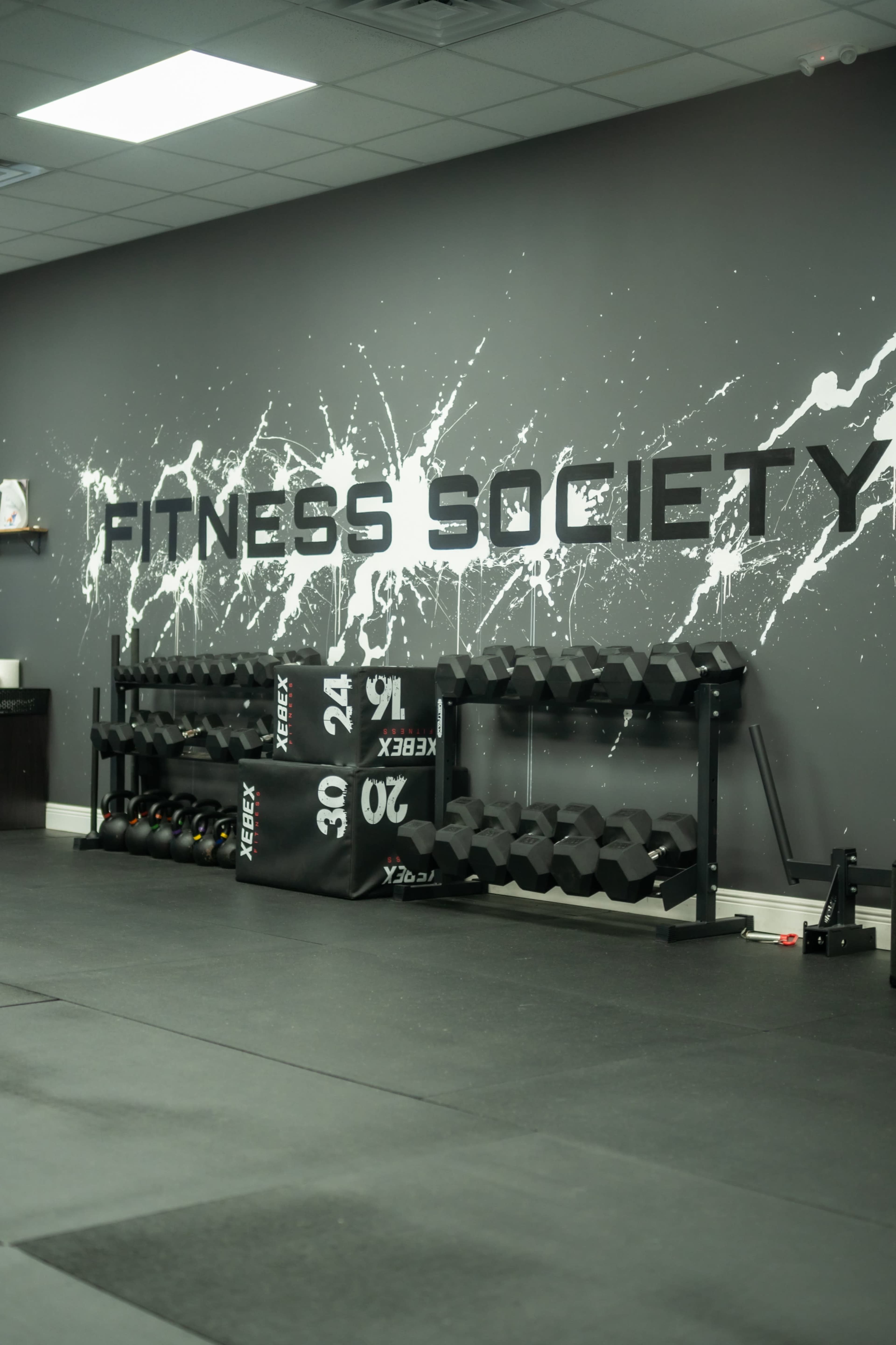 A gym interior with a black weight rack filled with dumbbells, alongside a wall featuring the words "Fitness Society" in bold lettering.