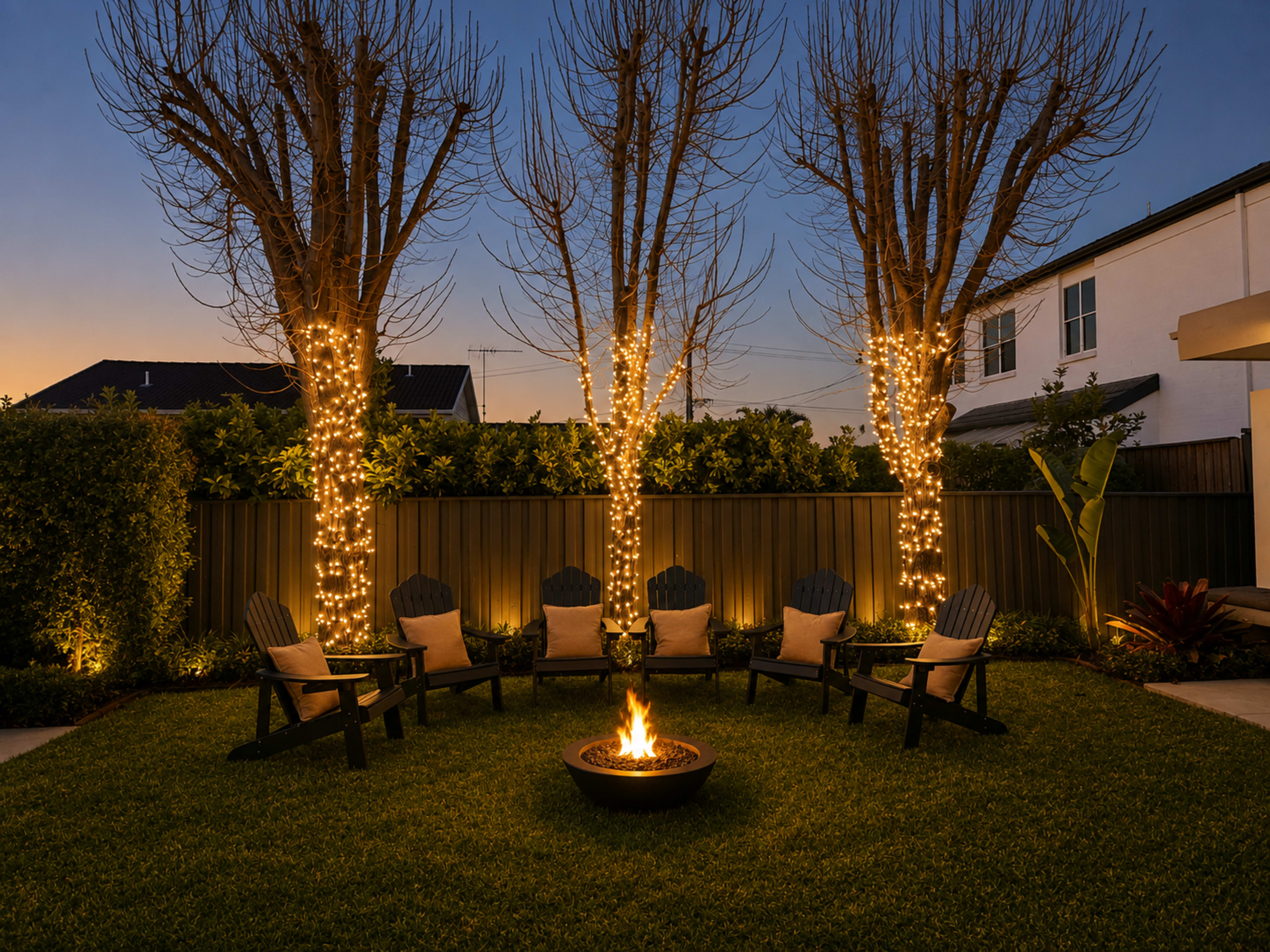 The image shows a backyard setting at dusk featuring a circular arrangement of Adirondack chairs around a fire pit, illuminated by string lights on two trees.