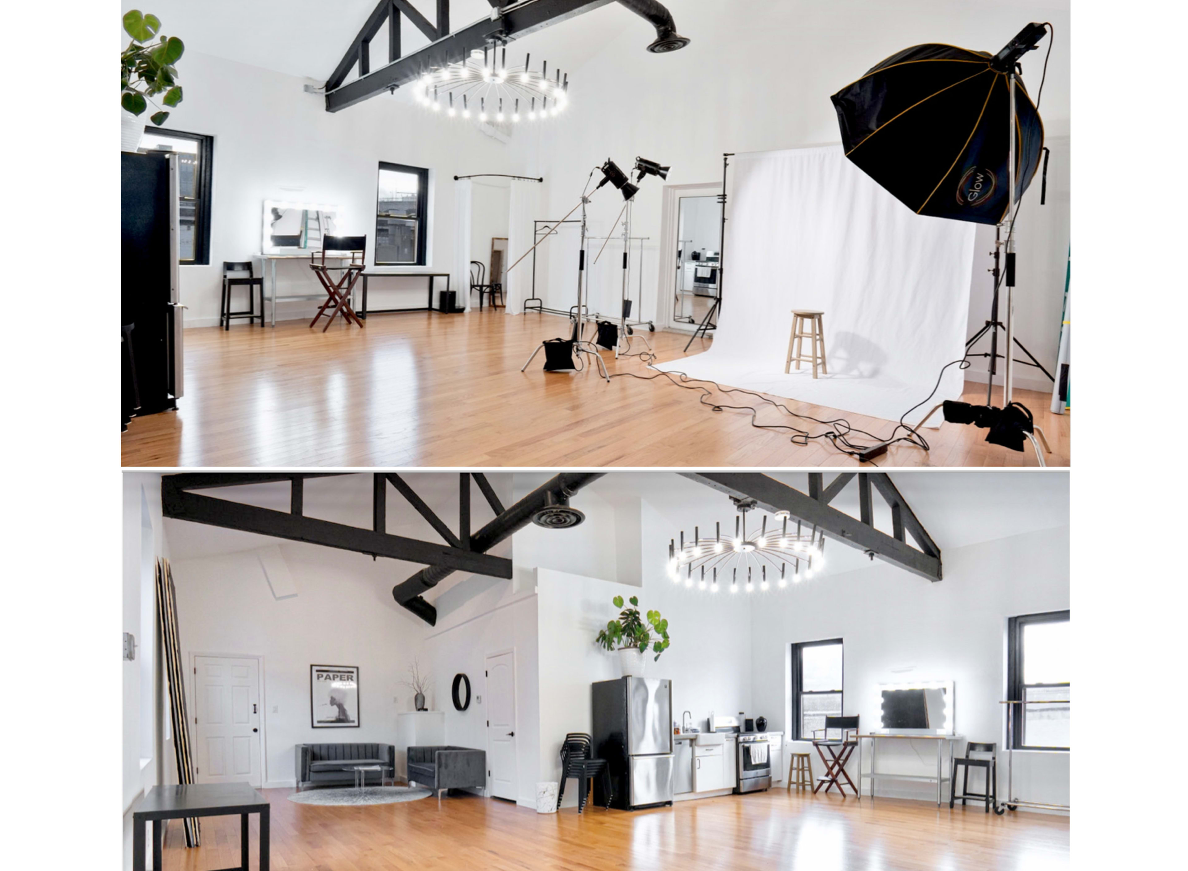 The image features a spacious photography studio with a bright, minimalistic design, showcasing a large white backdrop, lighting equipment, and a kitchen area.