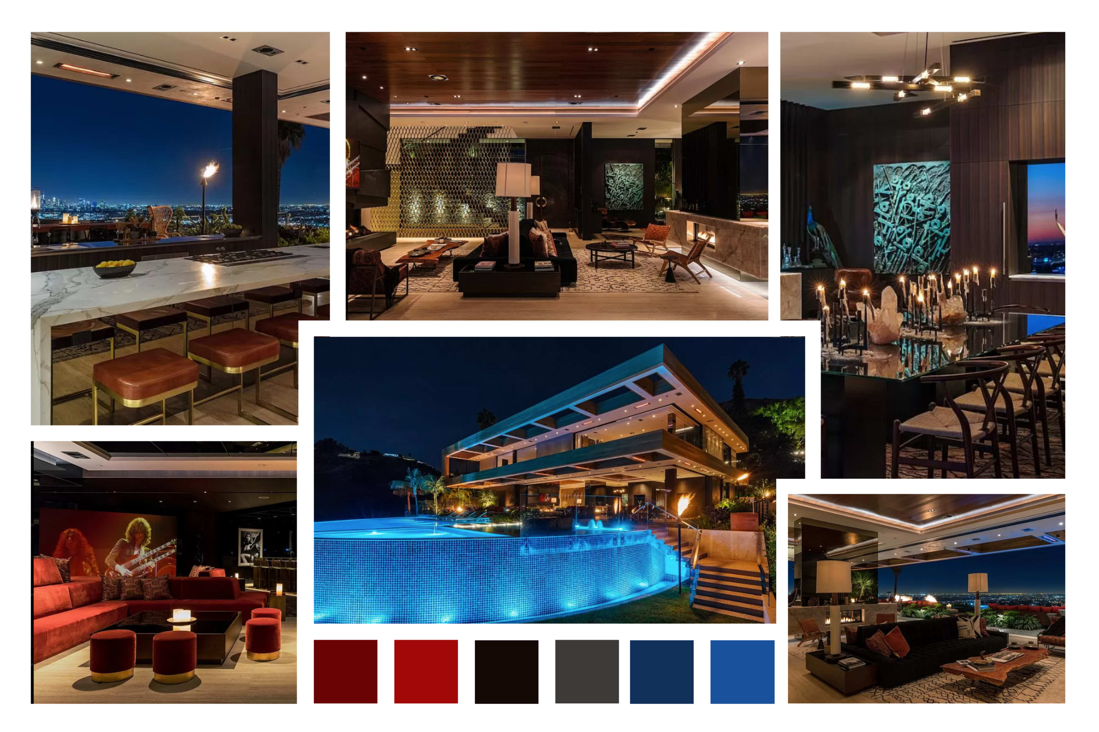 The image showcases a modern luxury home interior with a stylish living space, sophisticated dining area, and an illuminated outdoor pool against a nighttime skyline.