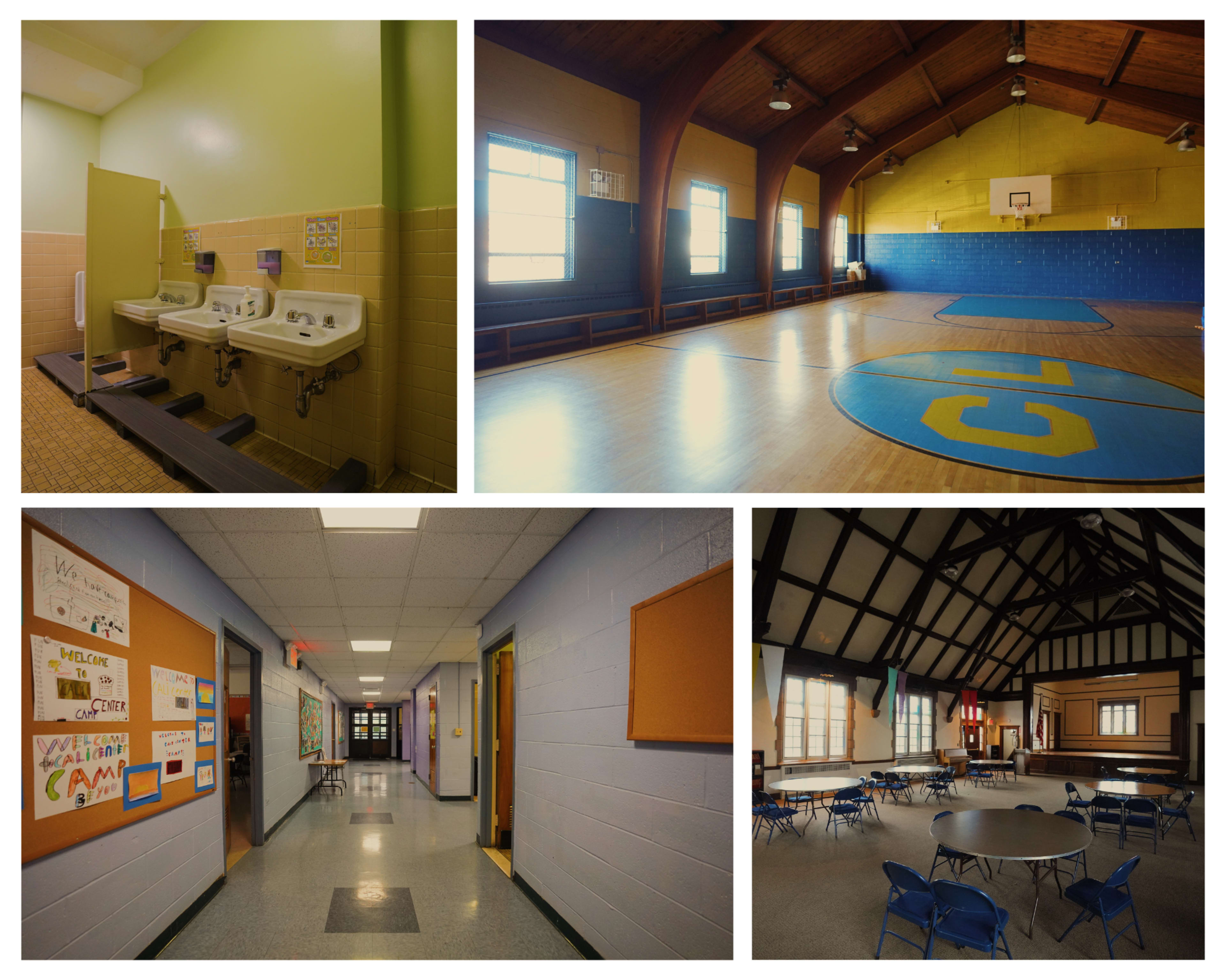 Various areas of a school, including a bathroom with sinks, a gymnasium with a basketball court, a corridor with bulletin boards, and a multi-purpose room with tables and chairs.