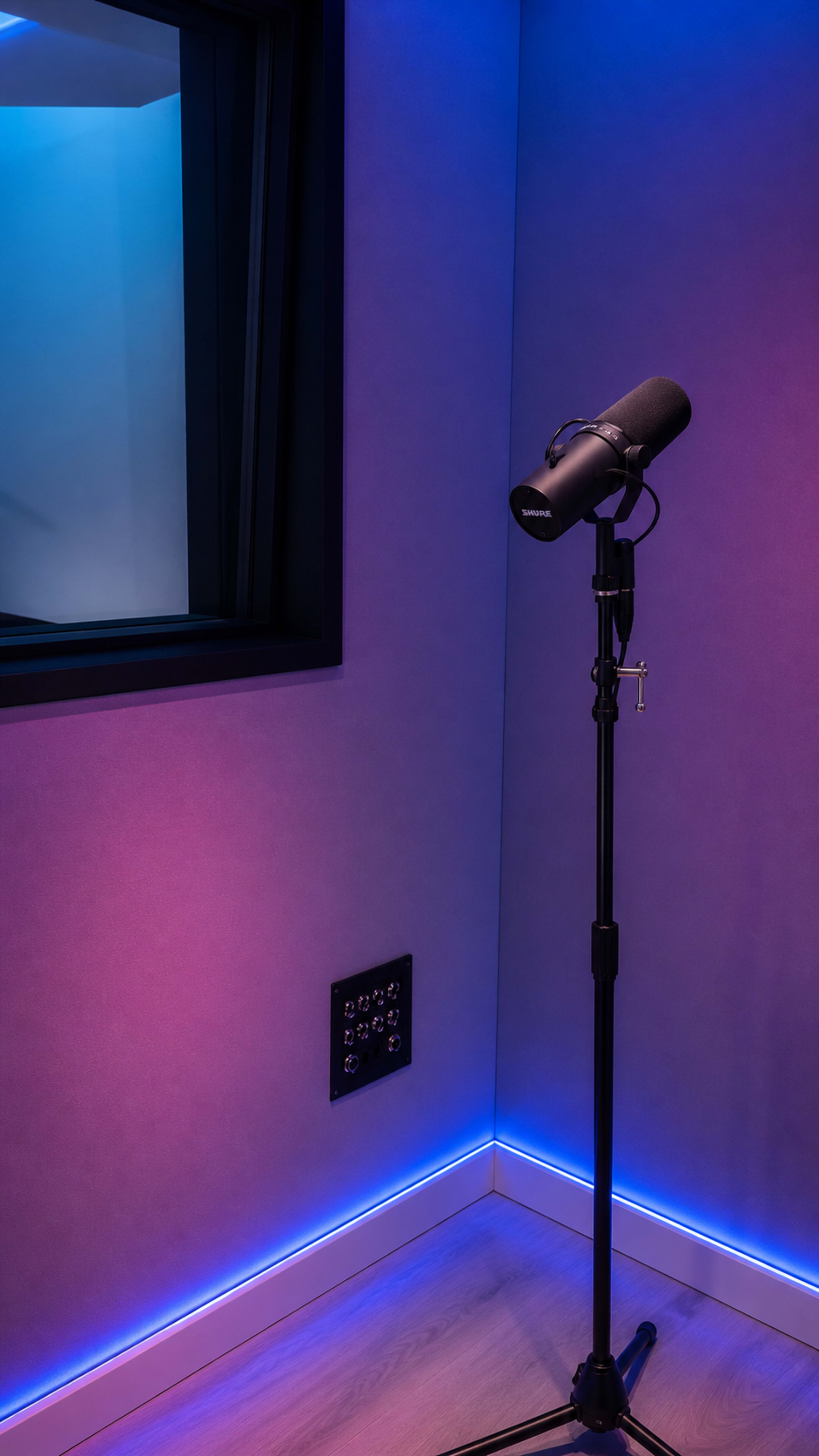 A black microphone stands on a black tripod in the corner of a sound studio, illuminated by colorful LED lights along the walls.