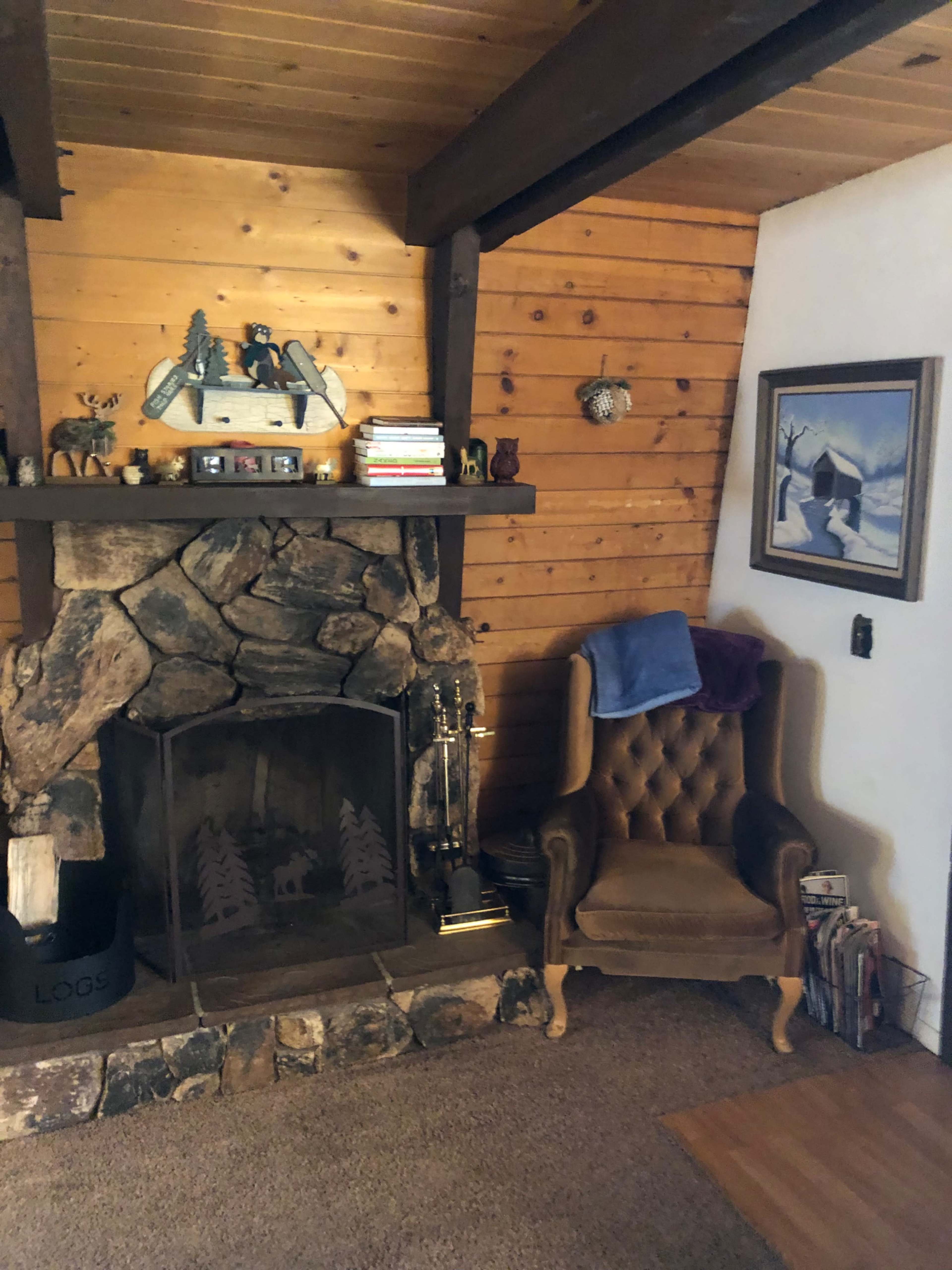 The image shows a cozy living room with a stone fireplace, a wooden wall, a brown armchair, and a framed picture of a snowy landscape.