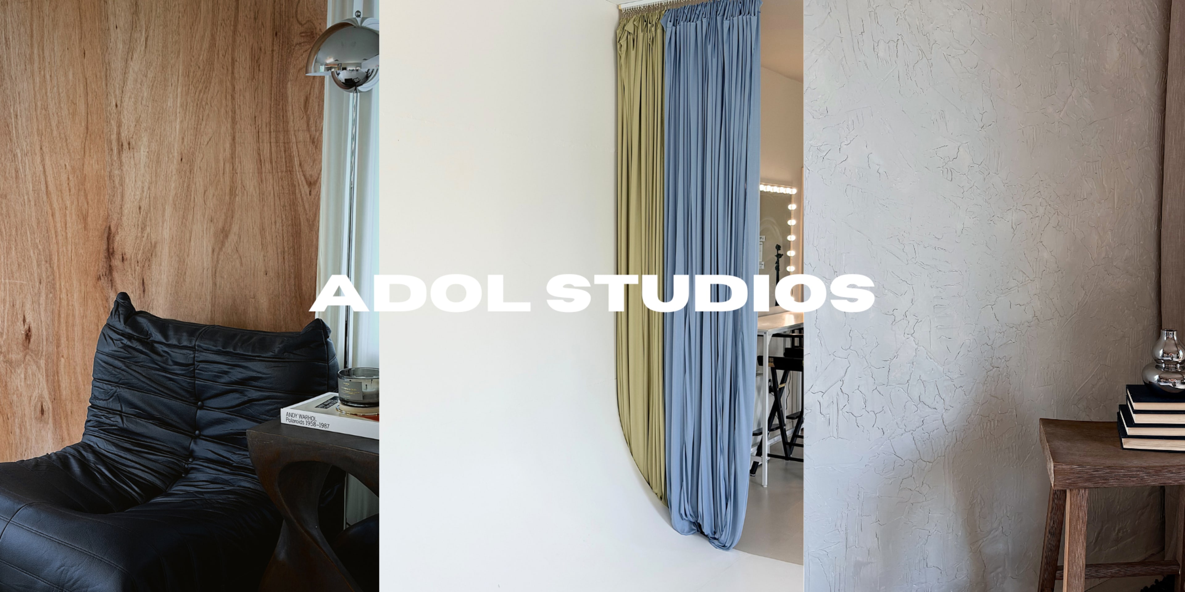 The image features a split view of Adol Studios, showcasing a black chair on the left, flowing curtains in shades of blue and green in the center, and a textured gray wall on the right.