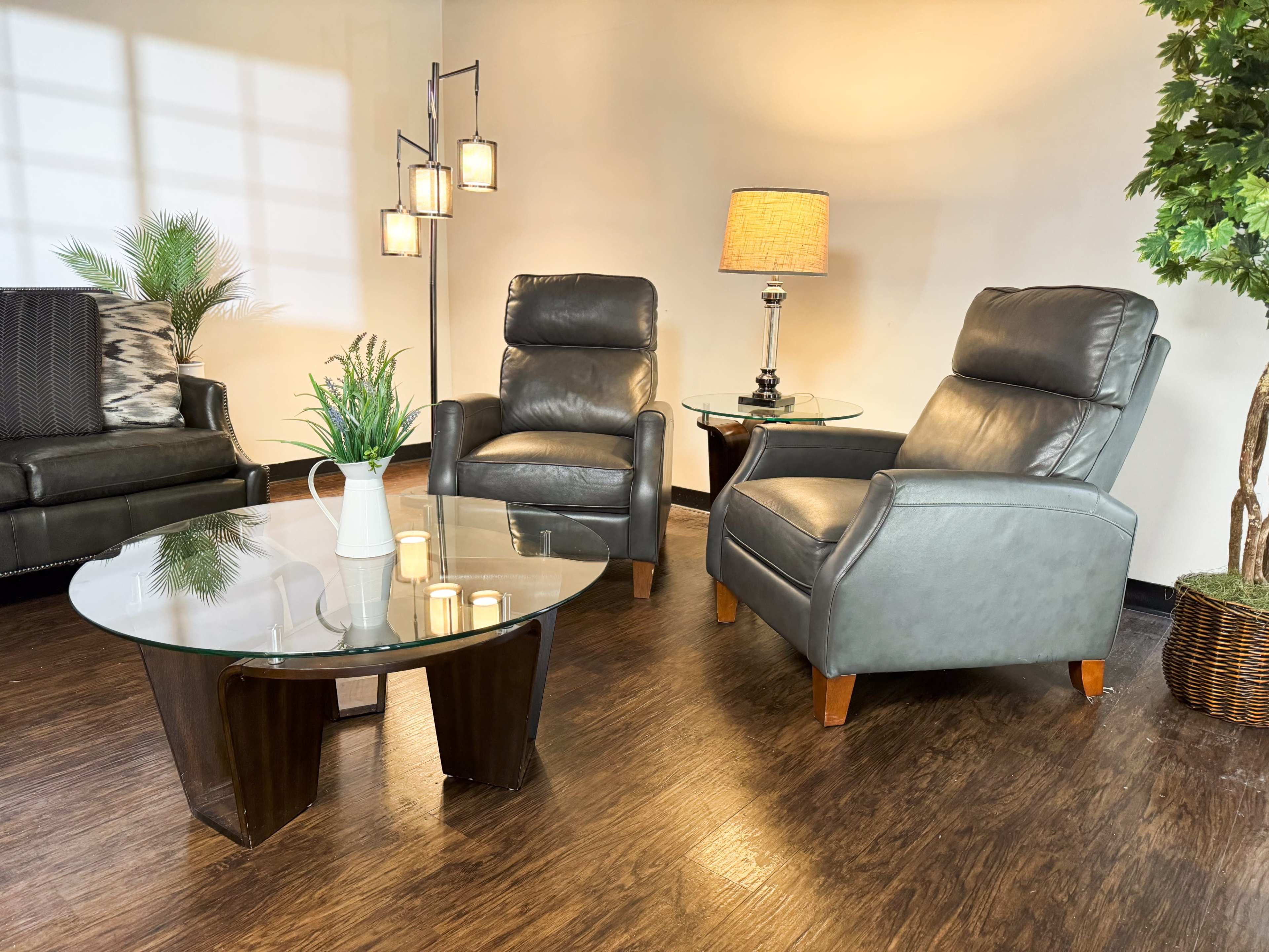 The image shows a cozy living room setting featuring two leather armchairs, a glass coffee table, a lamp, and decorative plants.