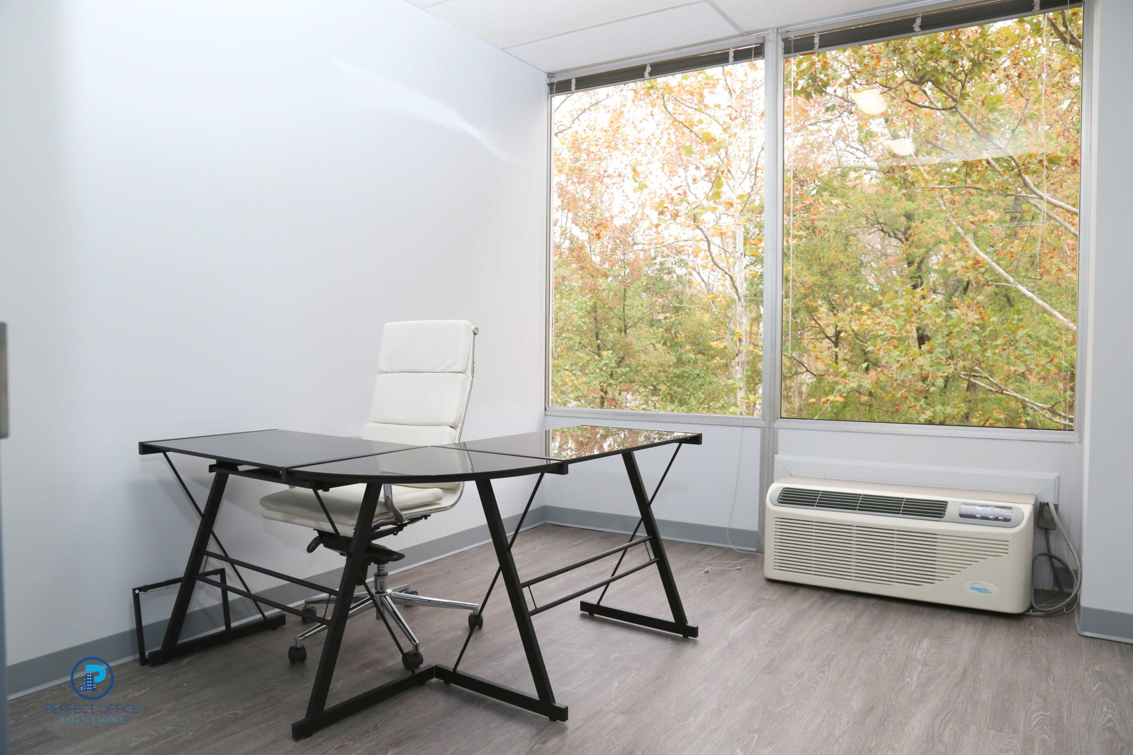 A modern office features a glass-topped desk, a white ergonomic chair, and large windows displaying autumn foliage.
