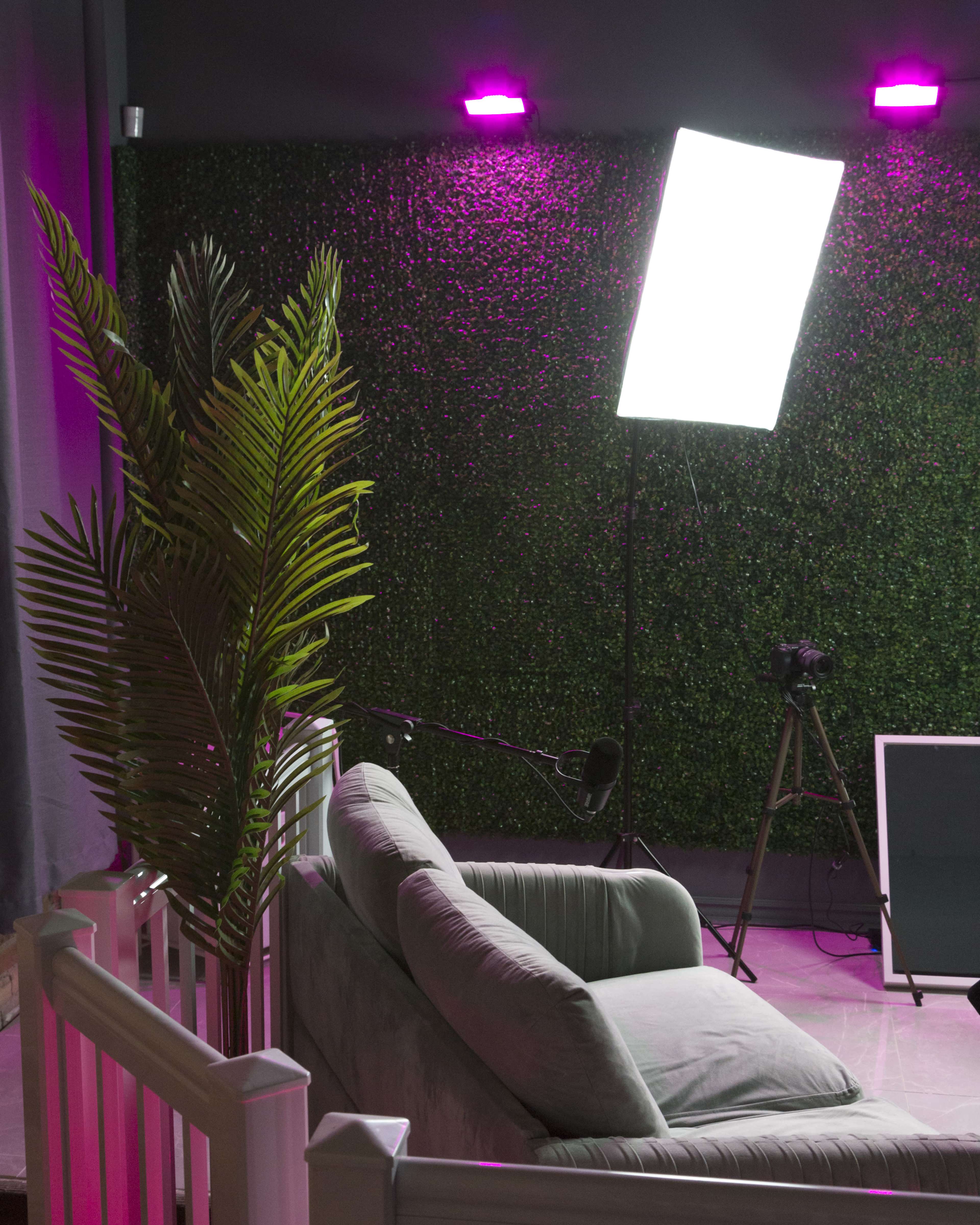 A modern studio setup features a green wall, a soft couch, and bright lighting equipment.