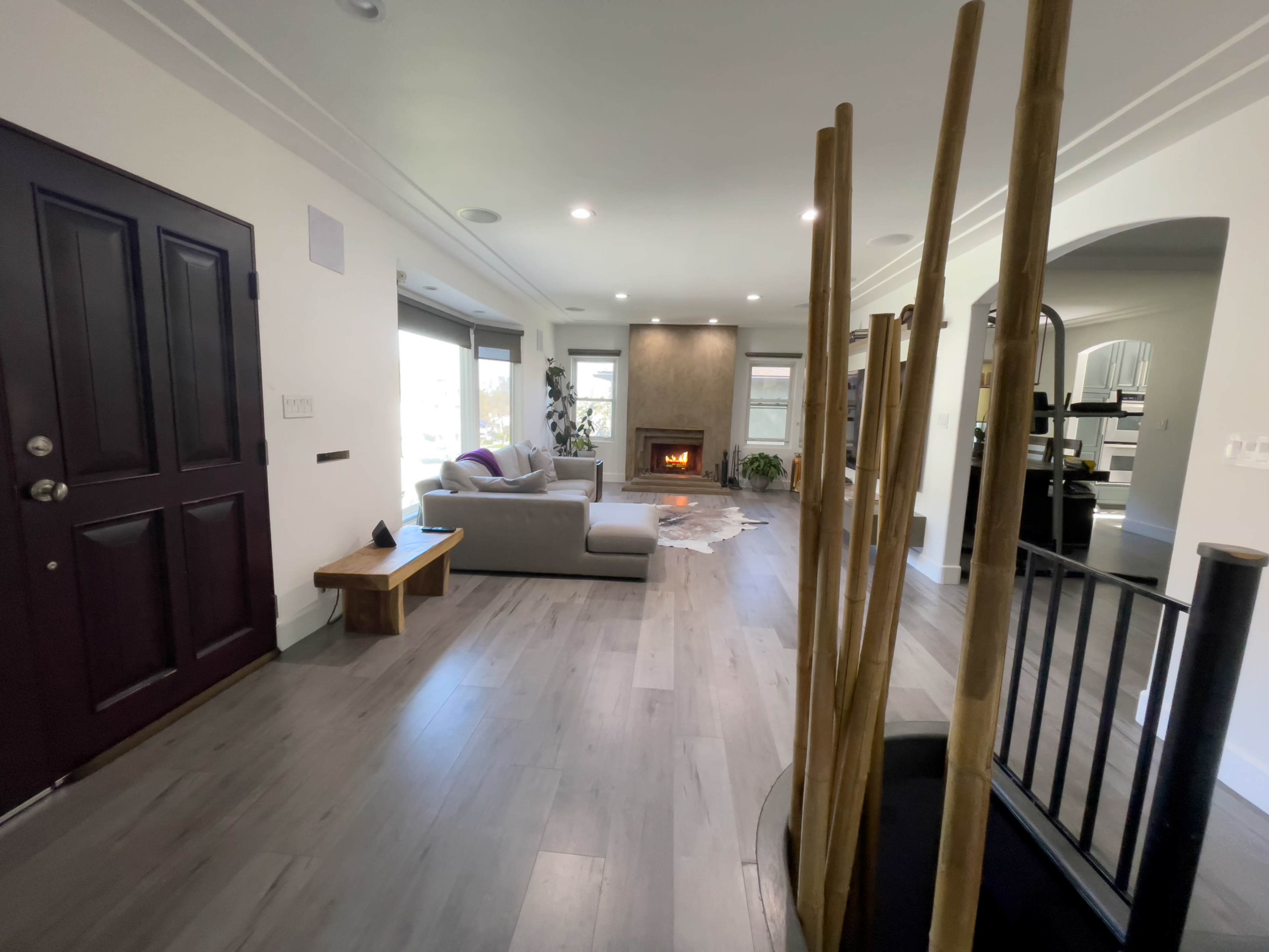 The image shows a modern living room with a fireplace, a large sofa, and decorative elements like bamboo stalks and a cowhide rug.