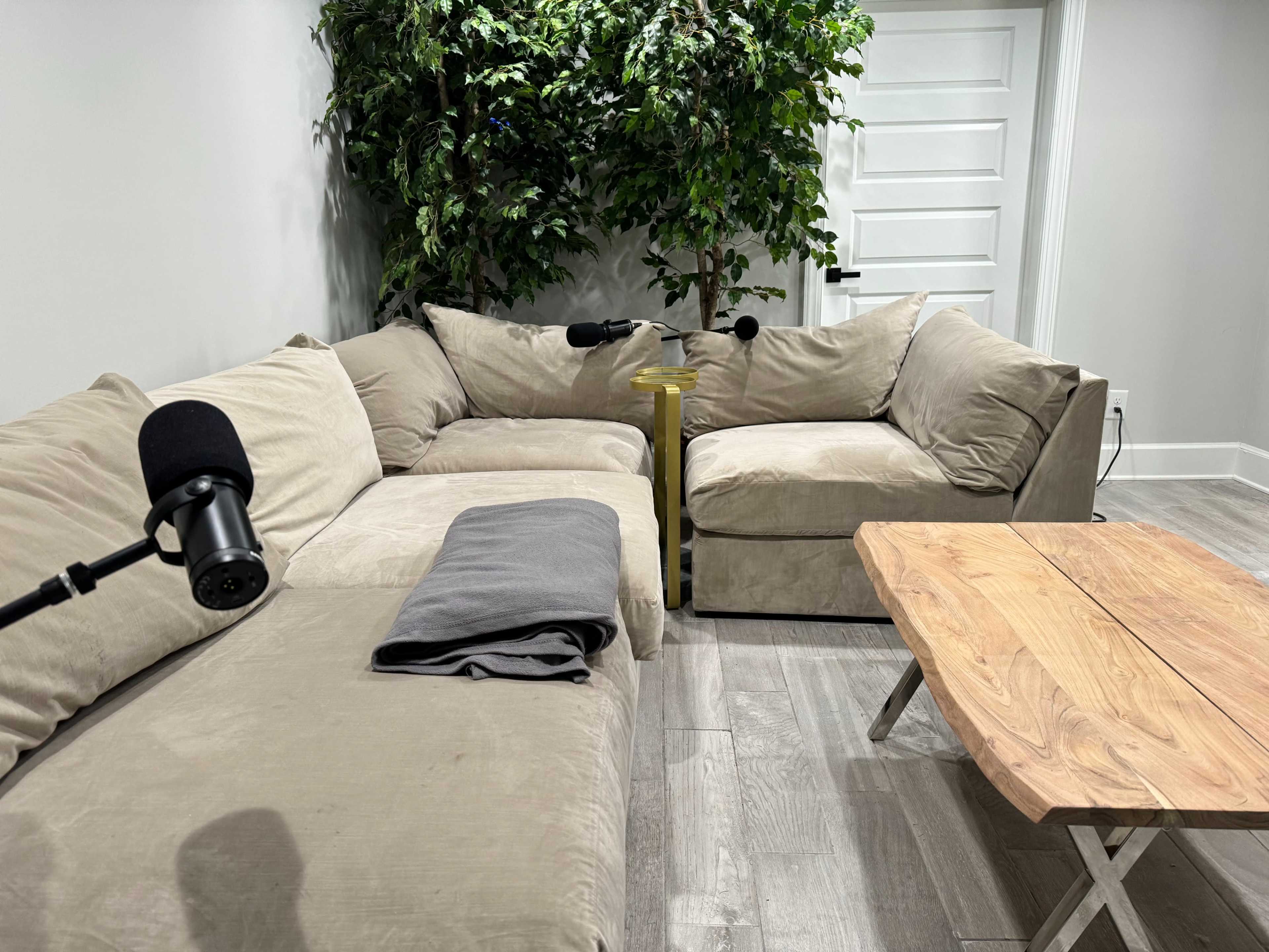 The image shows a cozy living room corner with a beige sectional sofa, a wooden coffee table, and a small potted plant in the background.