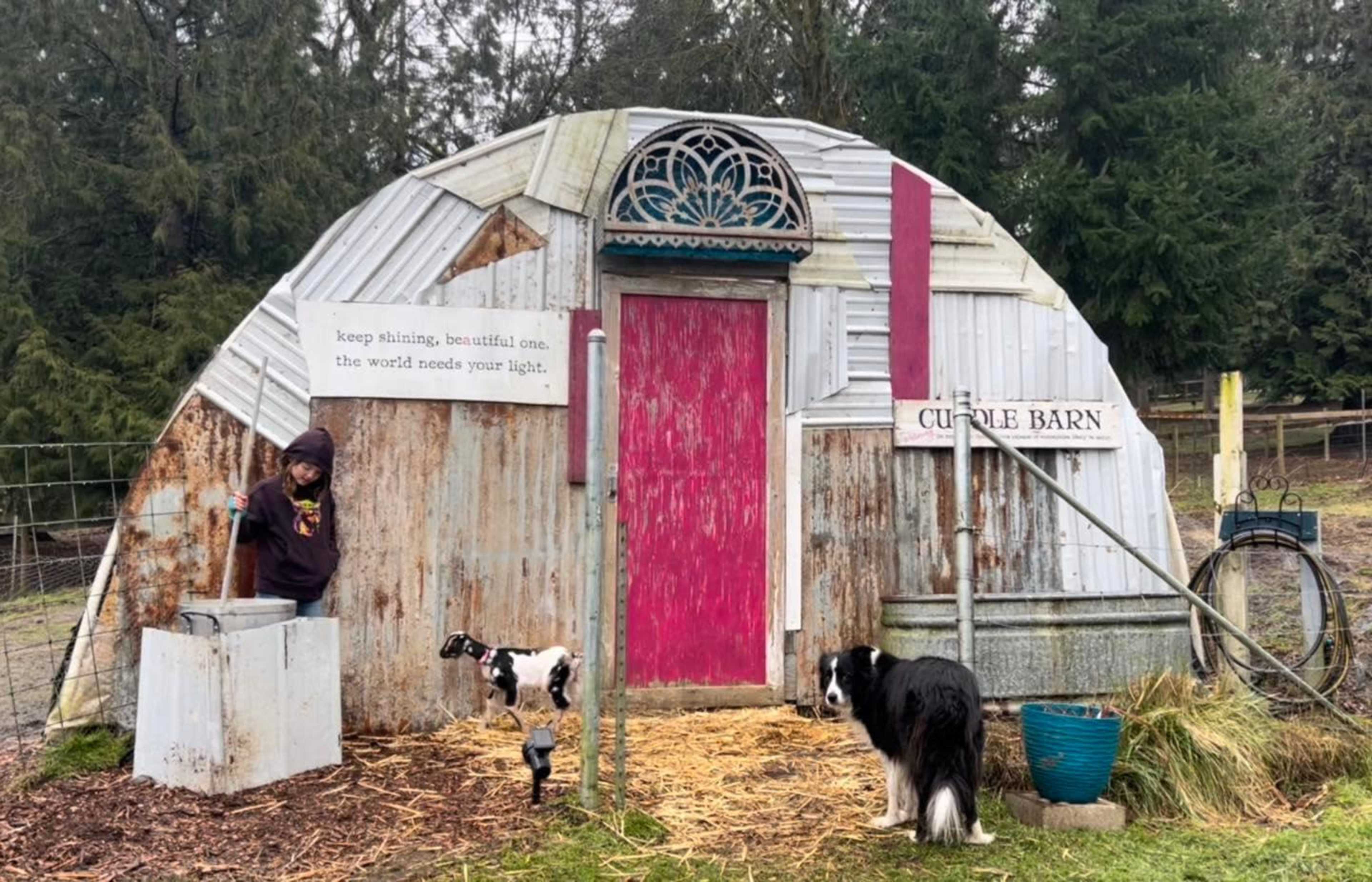 A woman stands by a curved barn with a colorful door, accompanied by a goat and a dog in a rural setting.