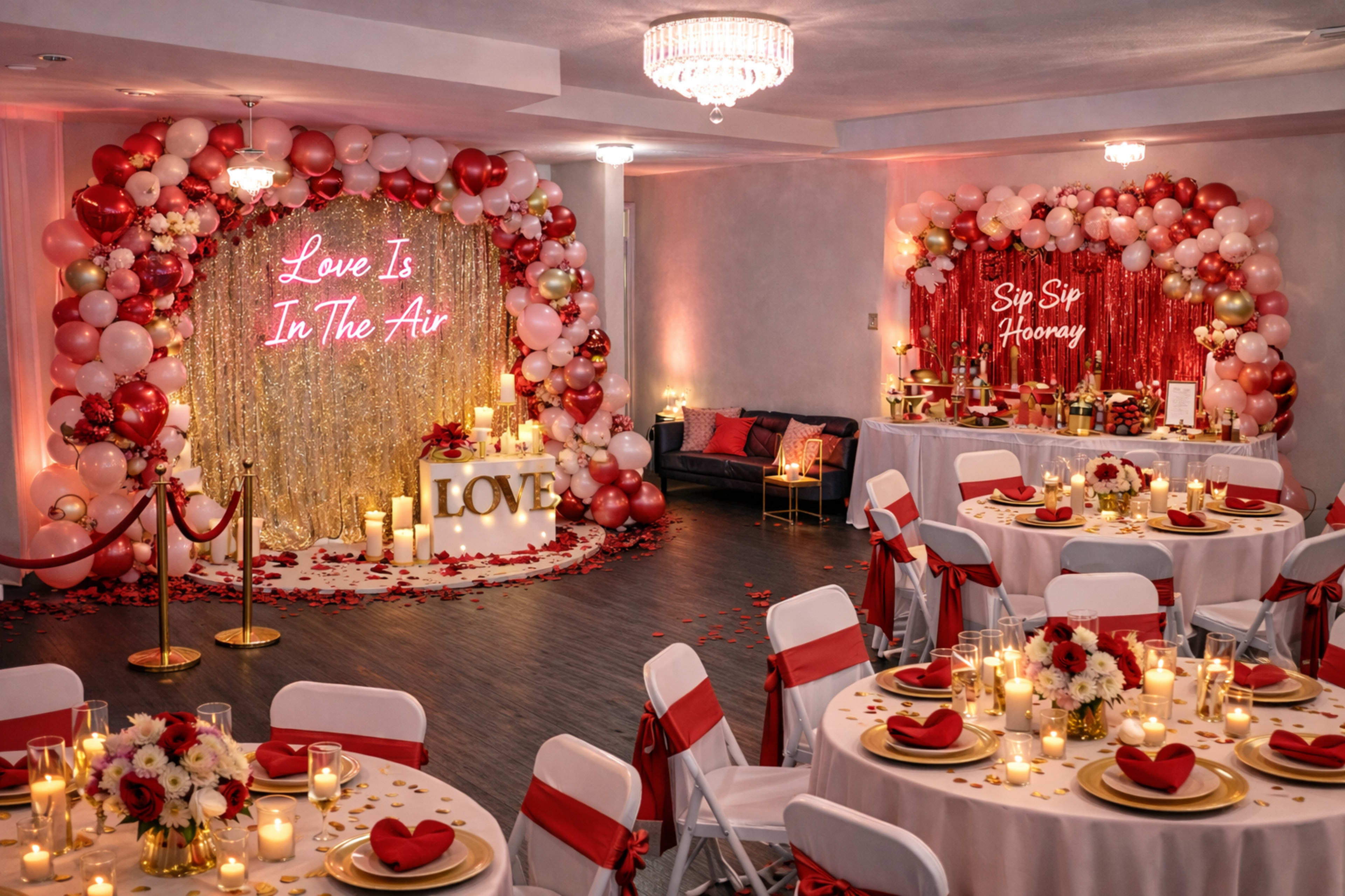 The image displays a decorated event space featuring elegant seating arrangements, balloons, and signage with romantic themes, set up for a celebration.