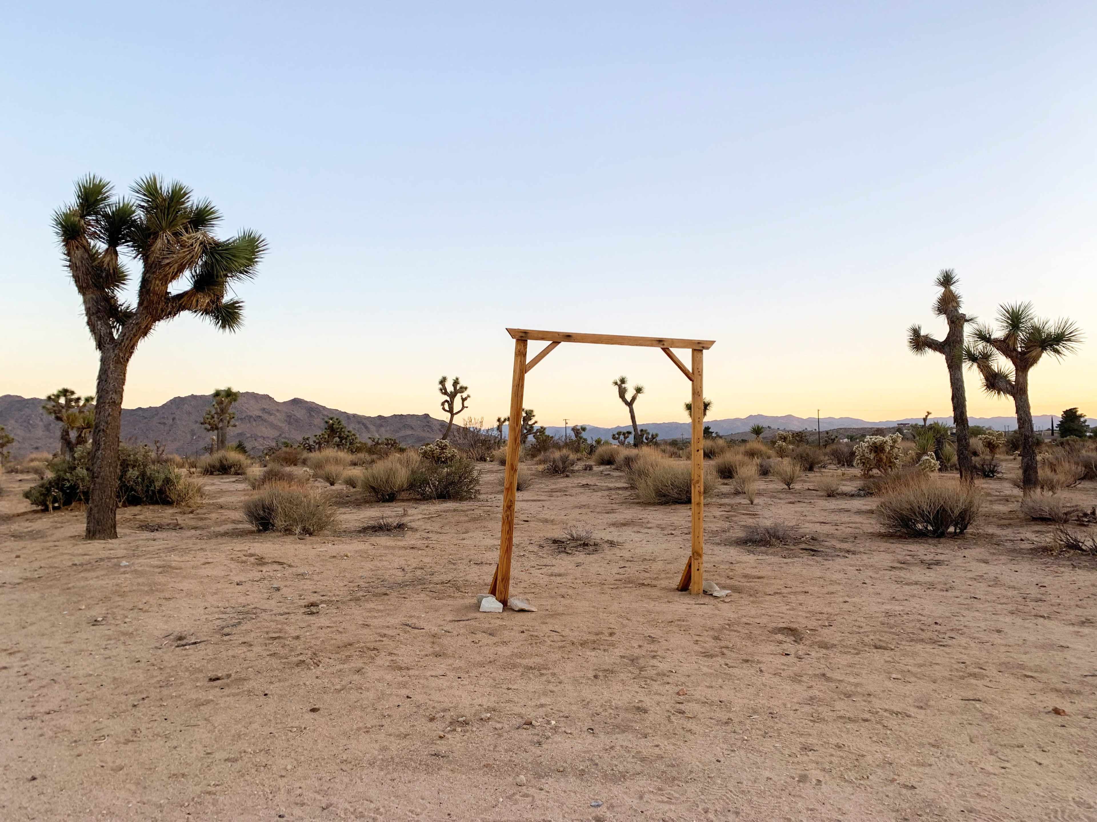 A wooden arch stands in a barren desert landscape surrounded by Joshua trees and sparse vegetation.