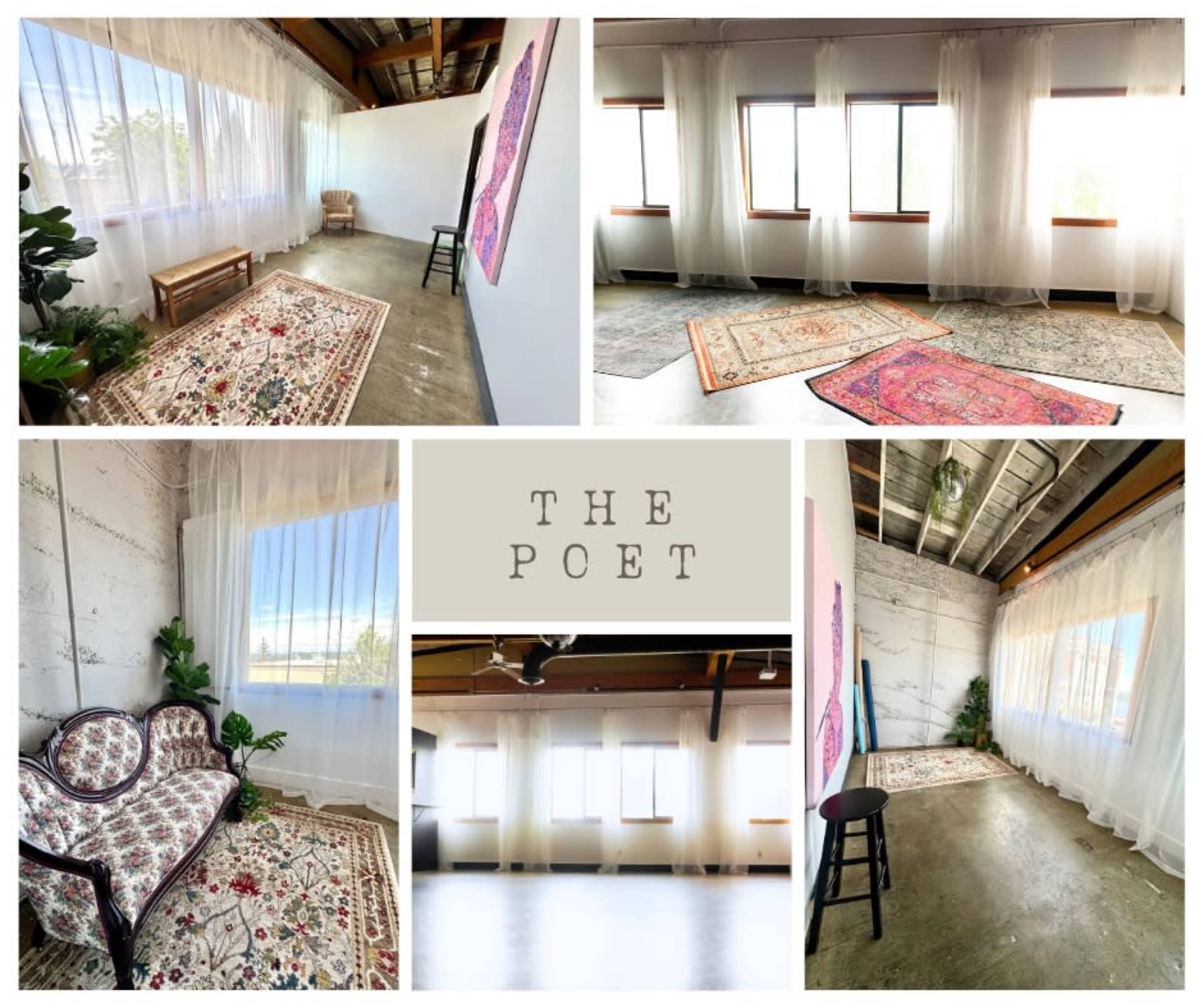The image displays a bright, airy interior space featuring large windows draped with sheer curtains, several rugs, a wooden bench, and a vintage-style couch.