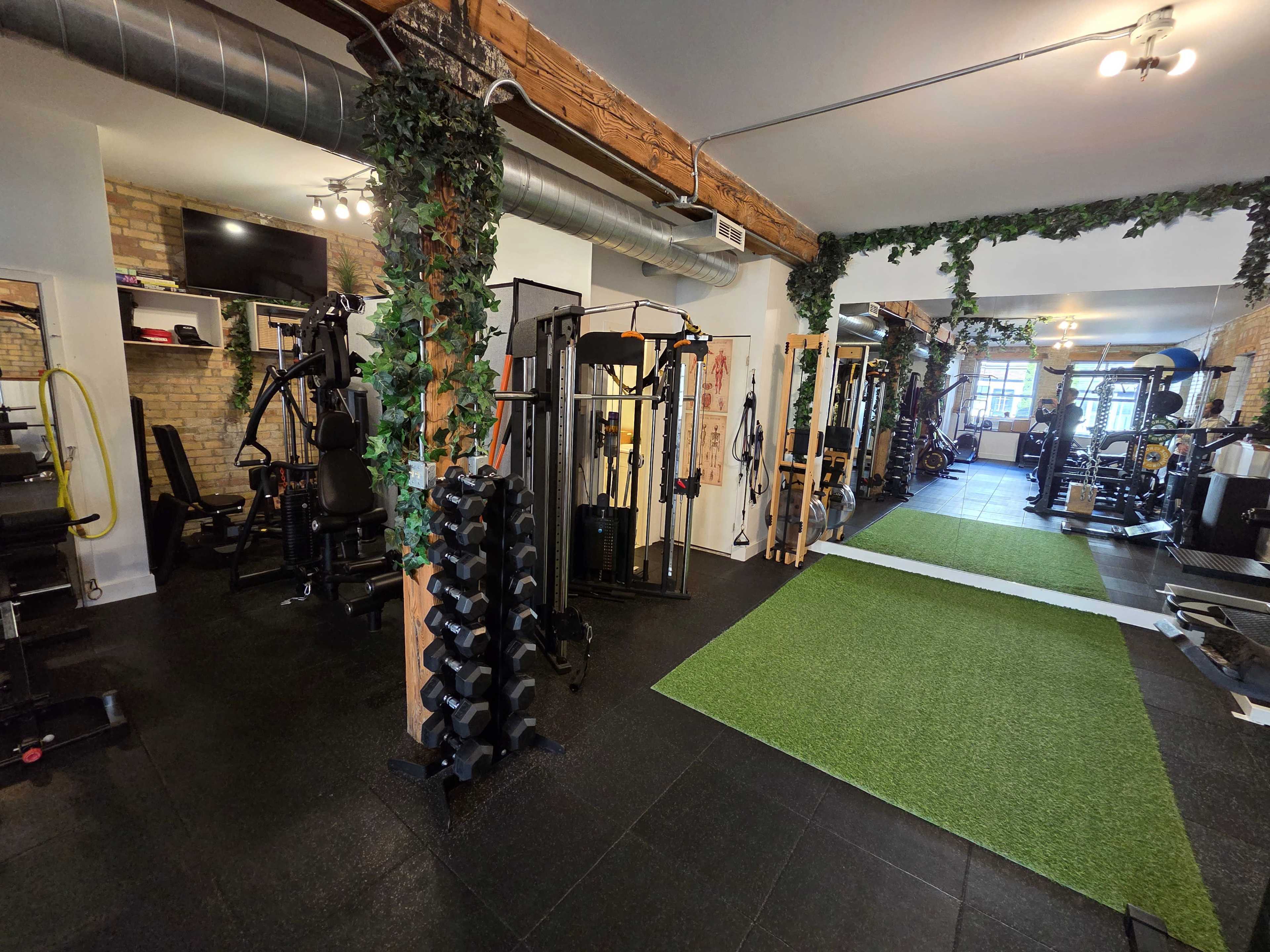 The image shows a well-equipped gym space with various exercise machines, weights, and green turf flooring.